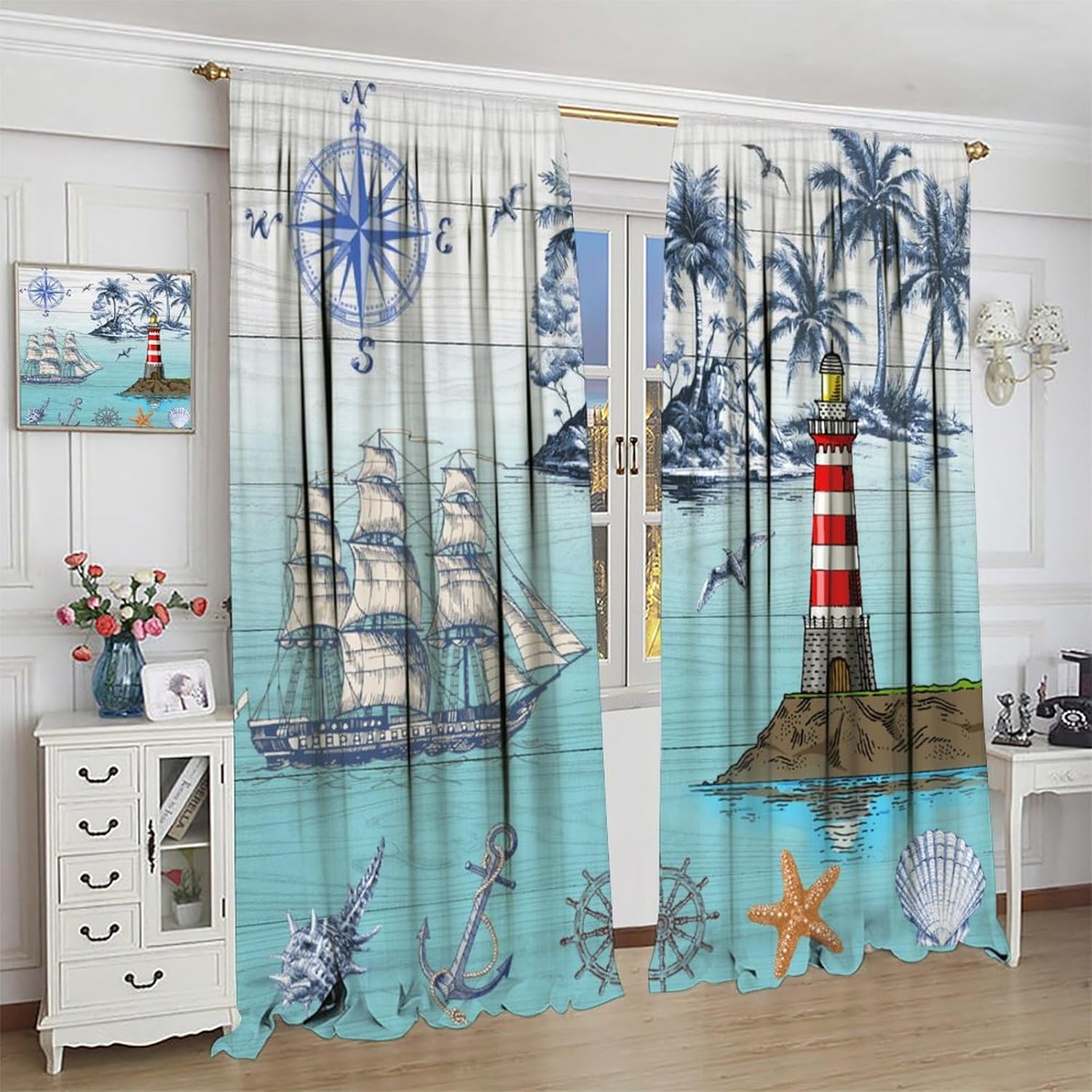 Blue Ocean Beach Curtains, Rustic Nautical Sailboat Anchor Compass Lighthouse Window Treatments Teal Sea Beach Theme Window Drapes for Living Room Bedroom Kitchen W72xL63in