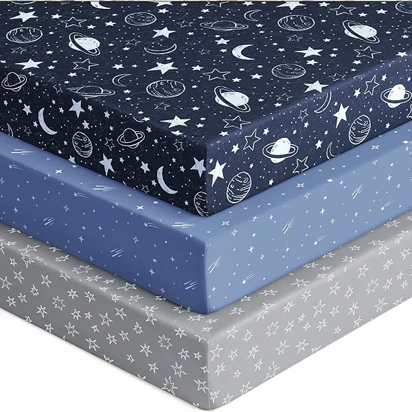 Unnivoll Baby Crib Sheets for Boys Girls, Fitted Crib Sheet Neutral 3 Pack for Standard Crib and Toddler Mattress, Breathable Soft Microfiber Baby Sheet 28x52x8in Blue Gray Planet