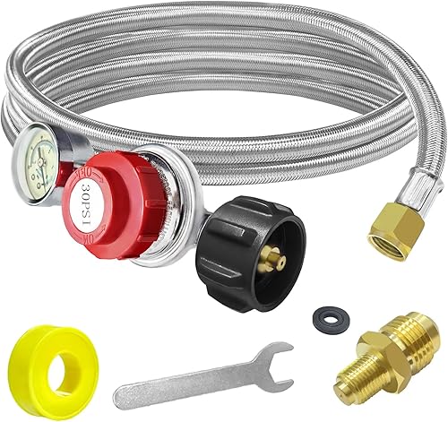 MEFUN Manguera de propano de 5 pies con regulador para tanque de propano, regulador de propano ajustable de alta presión de 0-30PSI con manómetro -