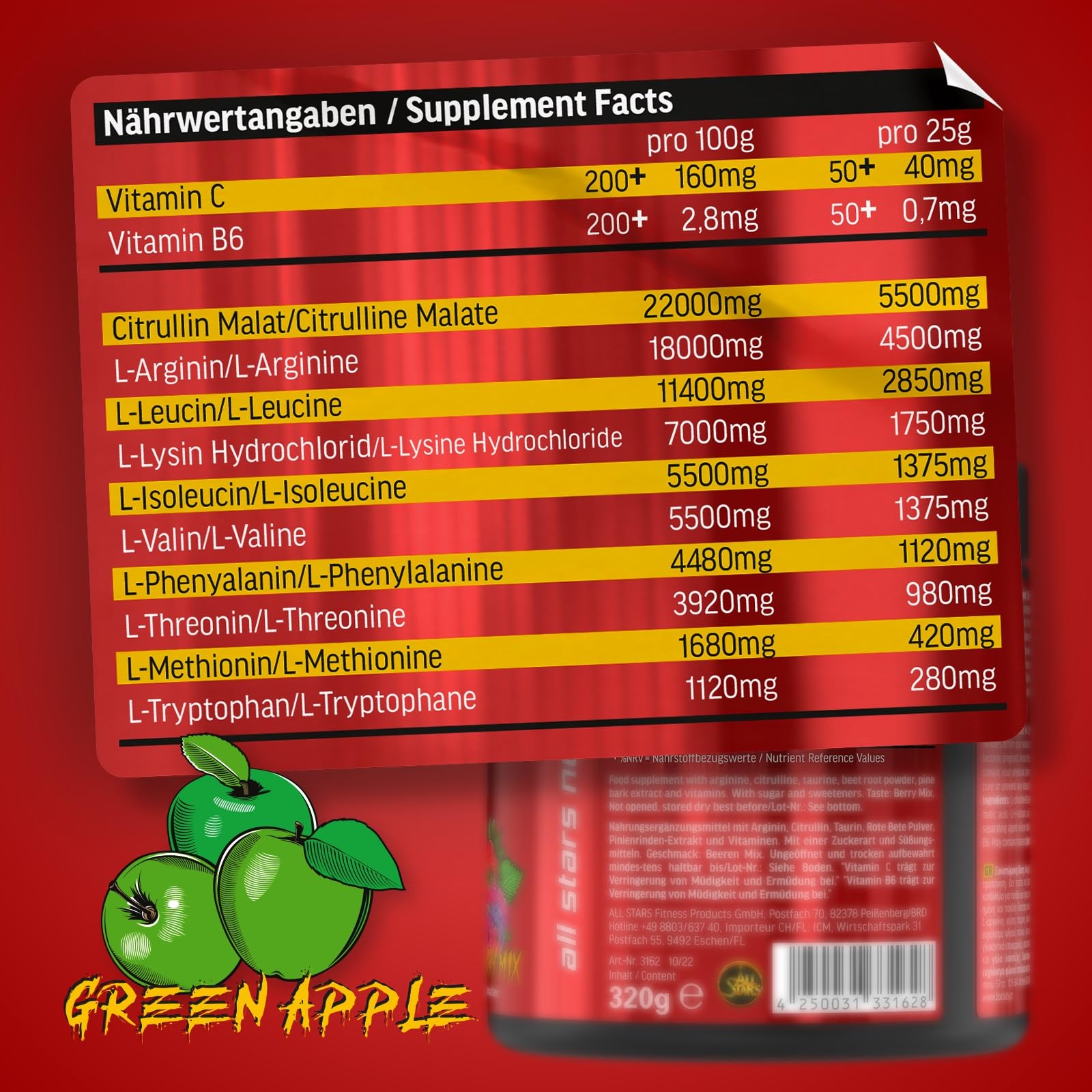 ALL STARS Intra-X Markus Schmid Edition Intraworkout 400g Green Apple | Workout Booster mit 10.000mg Citrullin-Arginin, 4550mg EAAs und 5600mg BCAAs, Nahrungsergänzung fürs Training