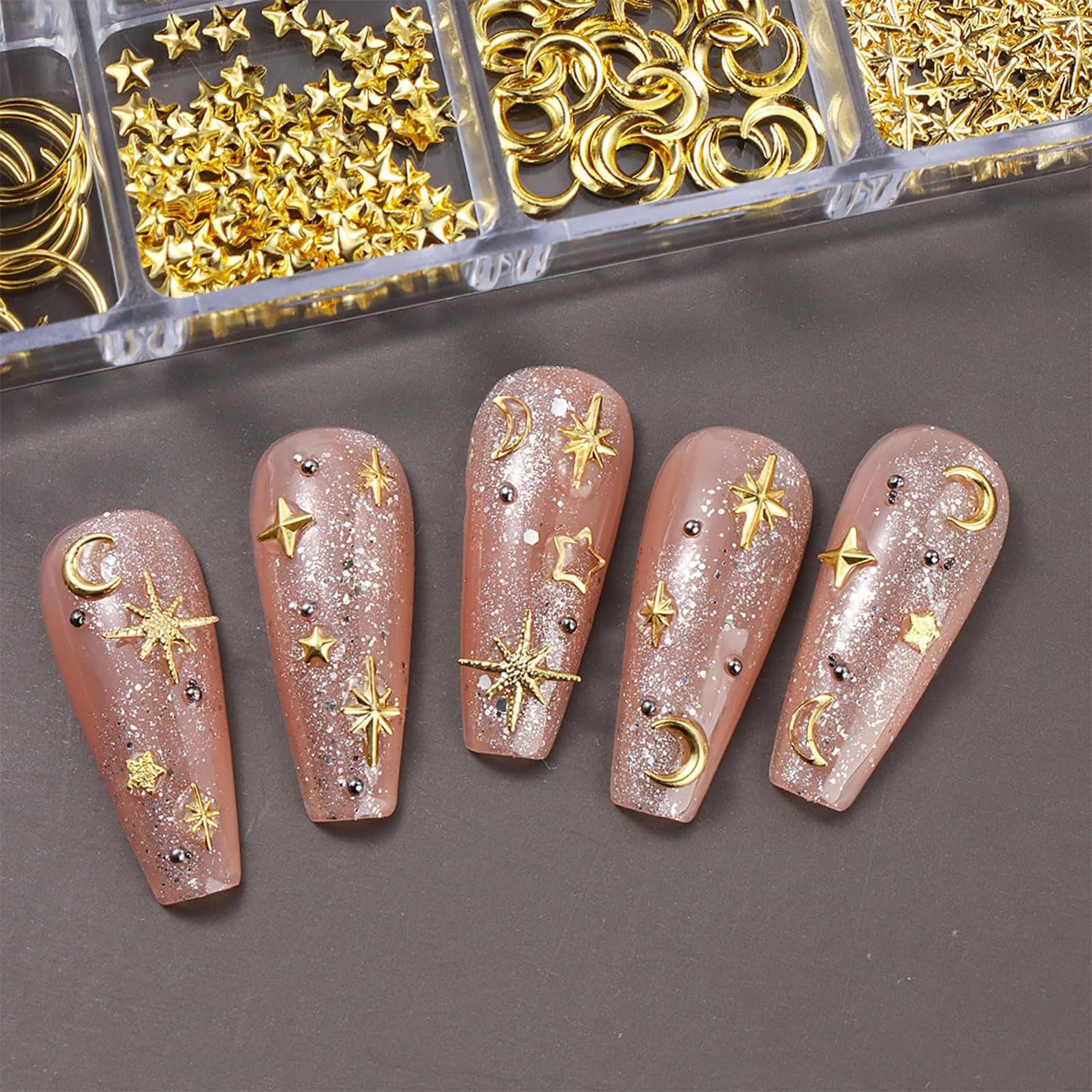 LunarCharm Goldene Nagelanhänger, décor étoile/lune, pendentifs en métal, clous 3D en alliage, bijoux de nail art, accessoires de décoration et bricolage