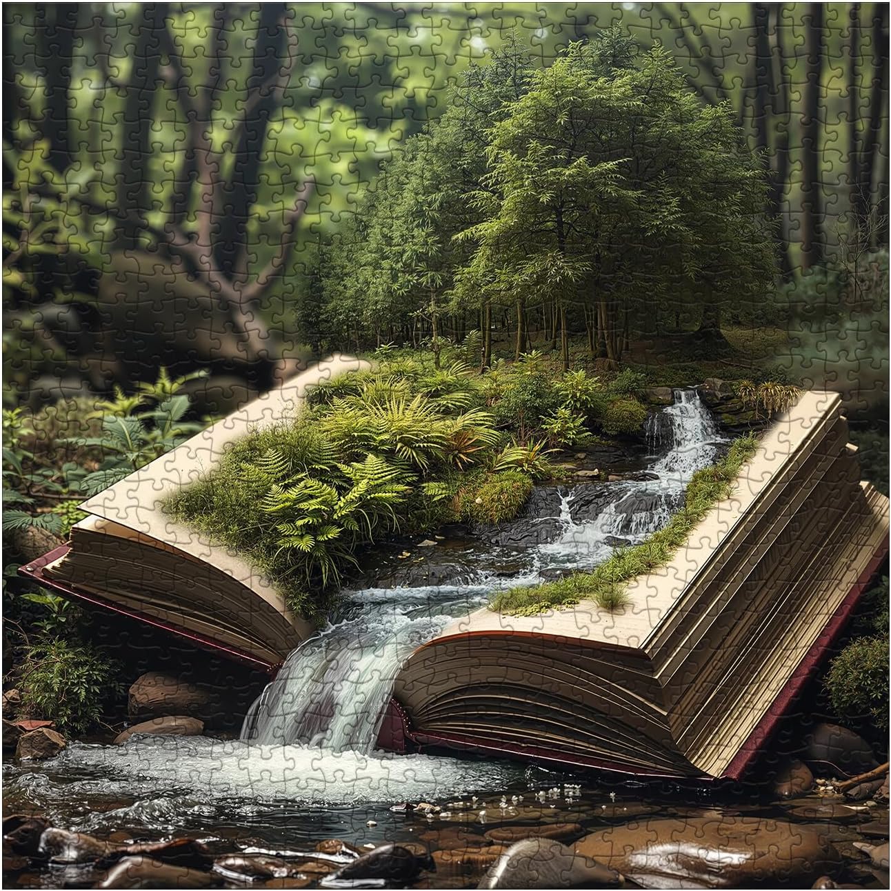 Book Forest Puzzle for Adults 1000 Pieces Nature, Fantasy Plant Jigsaw Puzzle, Cozy Tree River Green Puzzle
