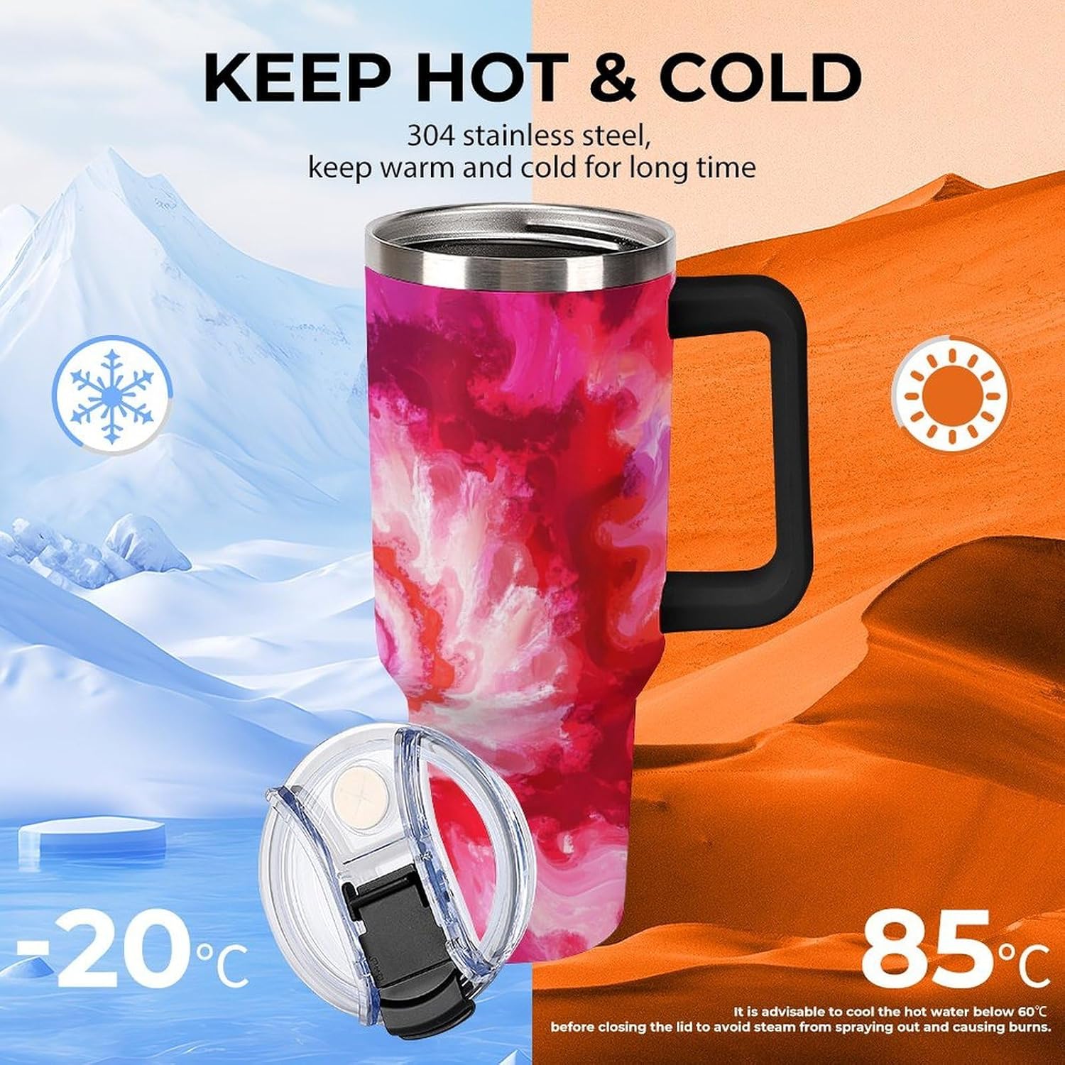 Tie-Dye Spiral 40 Oz Tumbler with Handle Large Capacity Travel Coffee Mug Water Bottle Insulated Tea Cup