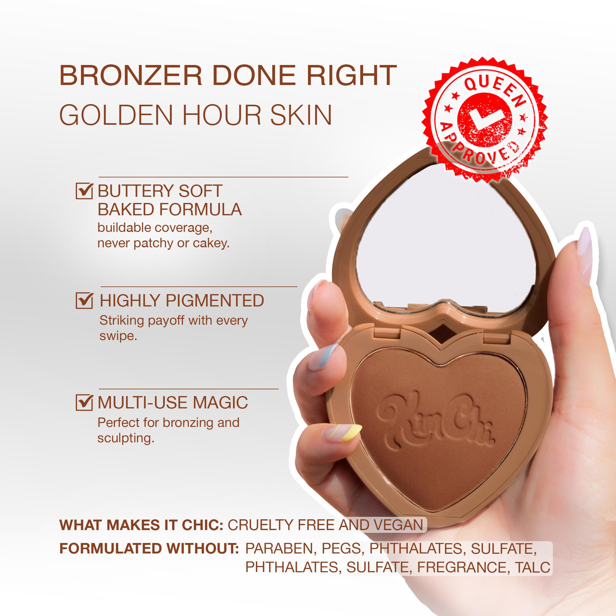 KimChiChic Beauty Thailor Bronceador, acabado mate sedoso para un brillo bañado por el sol, fórmula construible, compacto en forma de corazón con espejo, libre de crueldad, I Went to Venice