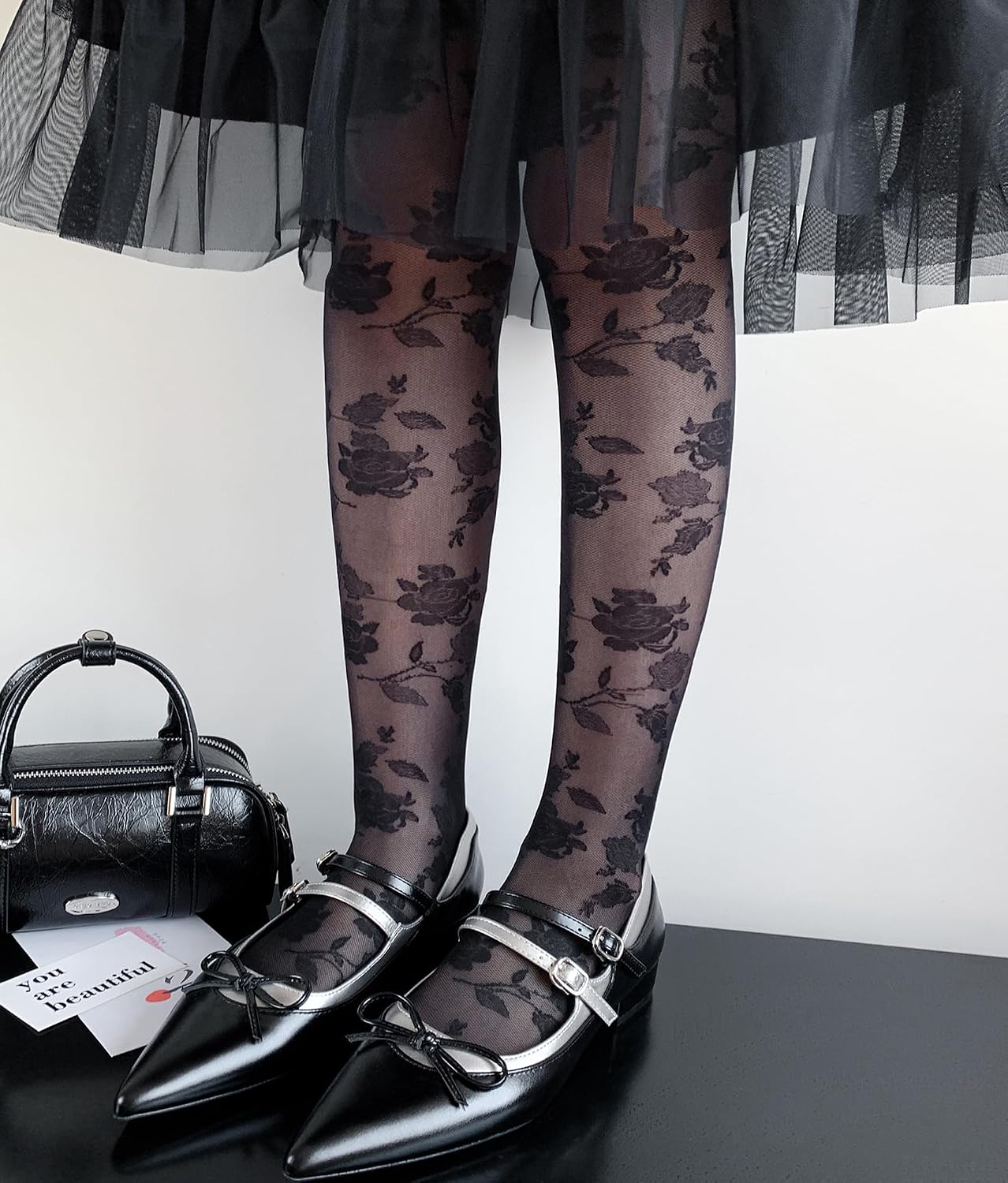 Womens Sheer Tights Flower Lace Stockings Floral Patterned Tights High Waisted Control Top Stockings for Daily Party