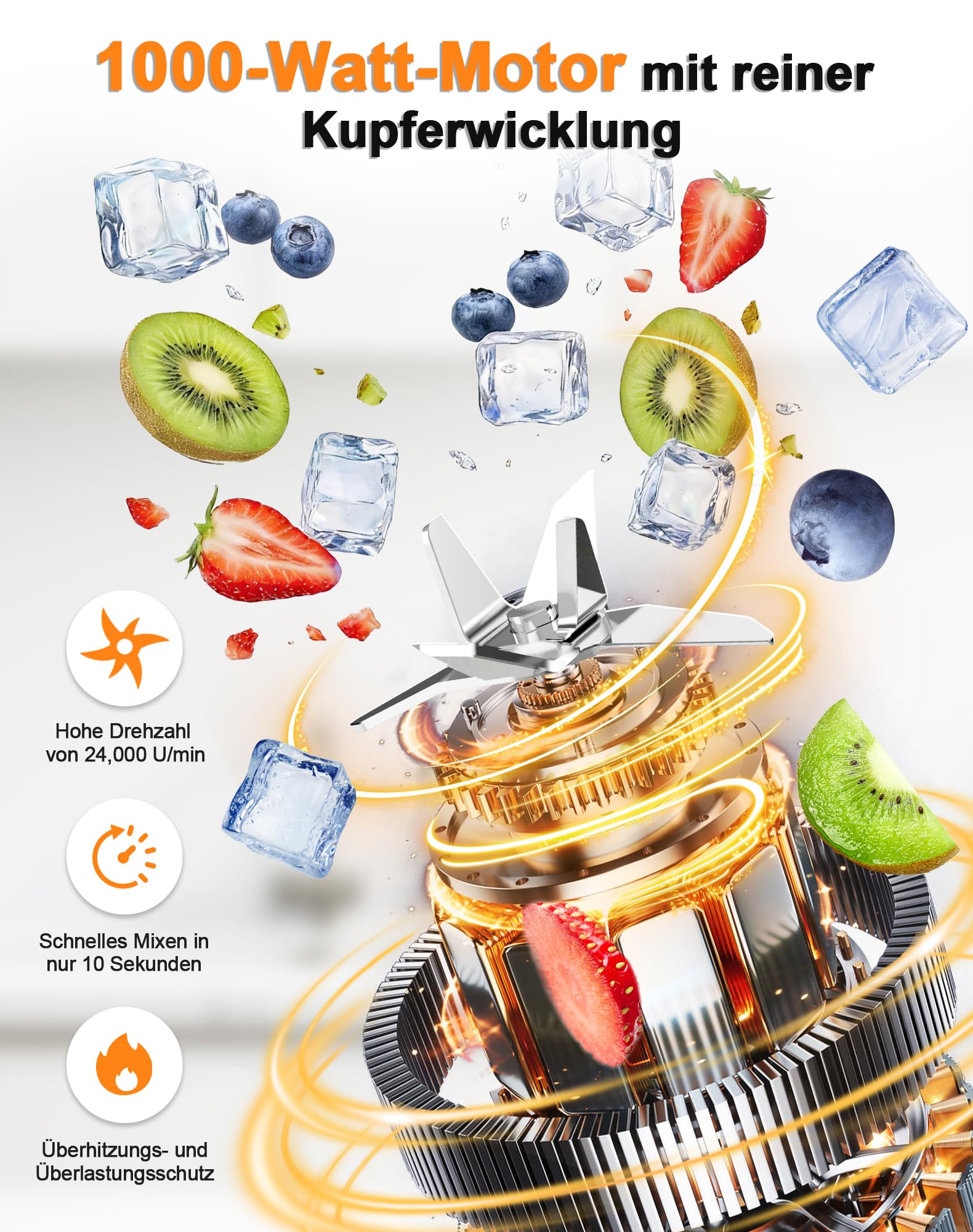 1000W Standmixer, Mixer, Glas 2-1 Mixer Smoothie Maker mit 1,5L Glaskrug und 600ml Reisebecher, Stufenlos Drehbare Drehregler, Selbstreinigung, für Ice-Crush-Funktion Shakes Gefrorene Getränke Saucen