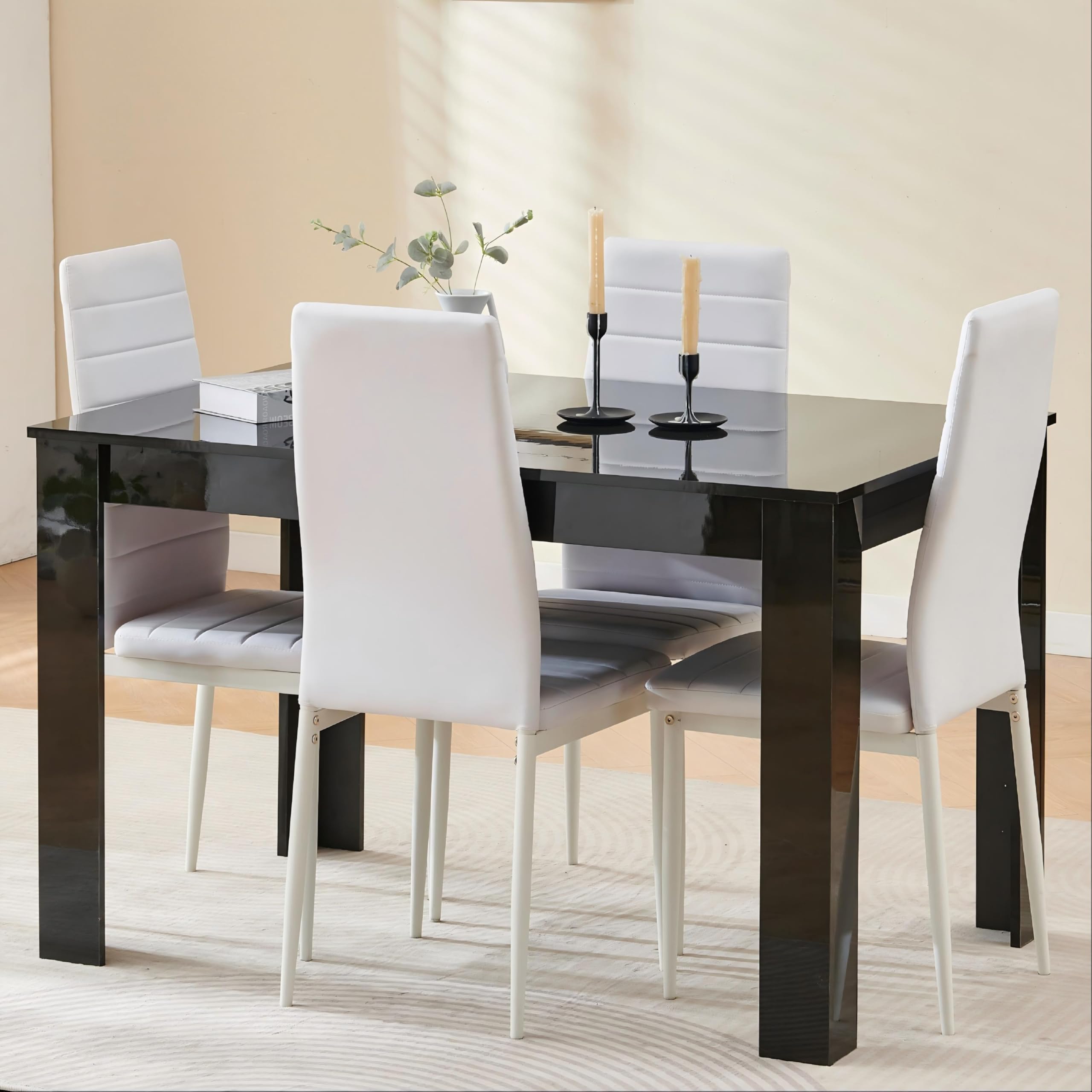 Homullel 120cm Glossing Dining Table and 4 Chairs, 4 Seater Kitchen Table and Chairs Set for Space Saving, Compact Dining Room Set for 4, 120x80 cm, Wooden, Walnut Black (4 Seaters, PU Eggshell White) — image 1