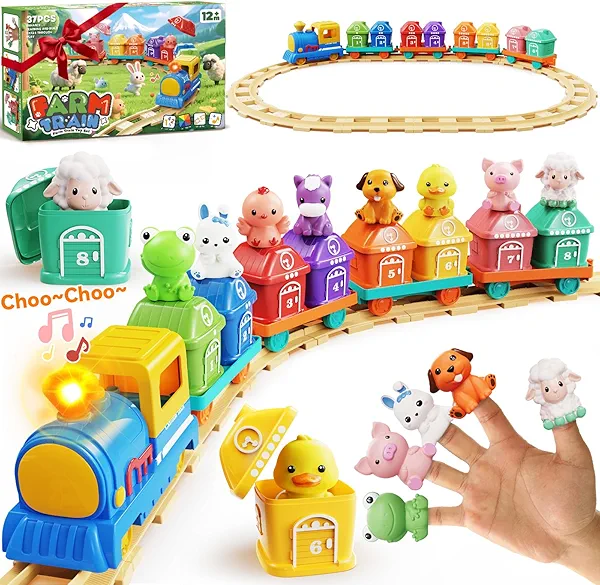 Train Set for Toddlers 2-4, Toddler Toys for 1 2 3 Year Old Boy Girl, Electric Train Set with Music, Light, Tracks, 8 Animals & 8 Barns, Learning Toy for 1 2 3 Year Old, Birthday Gift for Boy Girl
