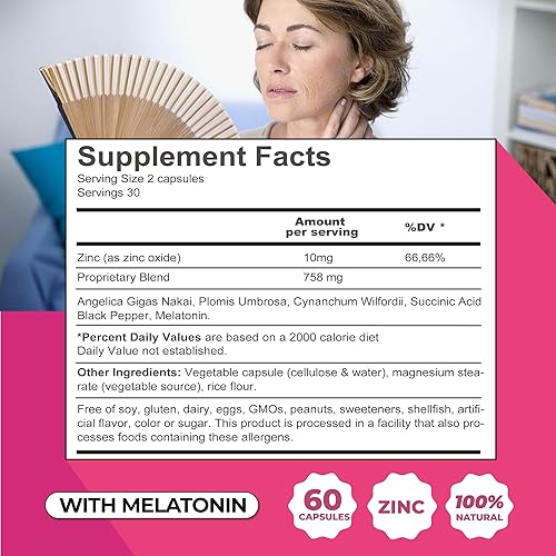 Miniatura 6 de ZENZSUAL Bye Bye Menopause, 60 cápsulas  Suplemento para mujeres, ayuda a reducir los sofocos, el sudor nocturno y los cambios de humor  100%