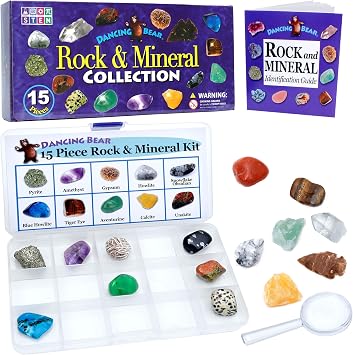 DANCING BEAR -15 Pc Rock & Mineral Collection with Collector Box/Display Case, ID Sheet, Rock Book, Magnifying Glass, Beginner Starter Set, Kids Gemstone Crystal Kit, STEM Geology Science Education