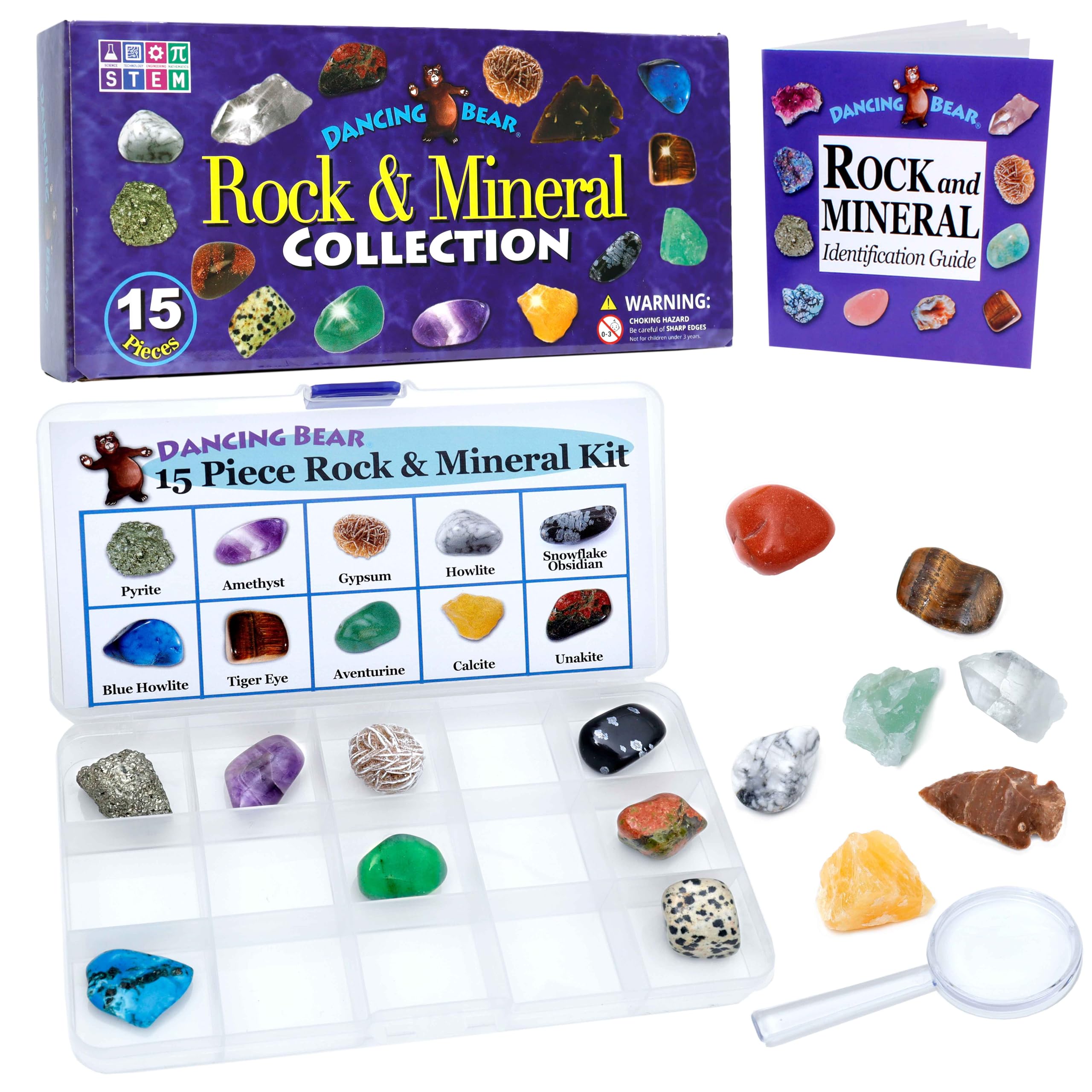 Dancing Bear -15 Pc Rock & Mineral Collection with Collector Box/Display Case, ID Sheet, Rock Book, Magnifying Glass, Beginner Starter Set, Kids' Gemstone Crystal Kit, STEM Geology Science Education