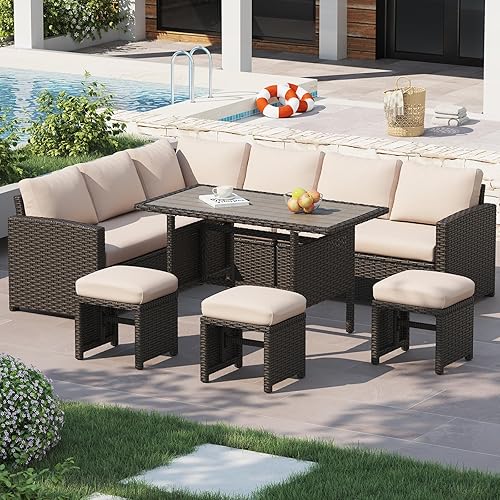 U-MAX 7 Pieces Patio Furniture Set, Outdoor Sectional Sofa Conversation Set, All Weather Wicker Rattan Dining Table & Chair with Ottoman, Brown Rattan&Khaki Cushion