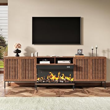Farmhouse TV Stand with 36" Fireplace for TVs up to 98" 100" 110", Rustic Media Entertainment Center with Large Storage Cabinet for Living Room,Brown