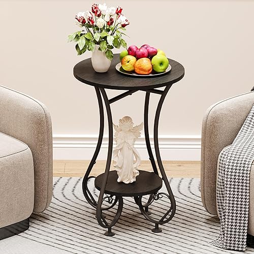 Miniatura 6 de X-cosrack Mesa auxiliar redonda pequeña, mesa auxiliar redonda para espacios pequeños, mesita de noche de metal negro con pies ajustables, mesa de