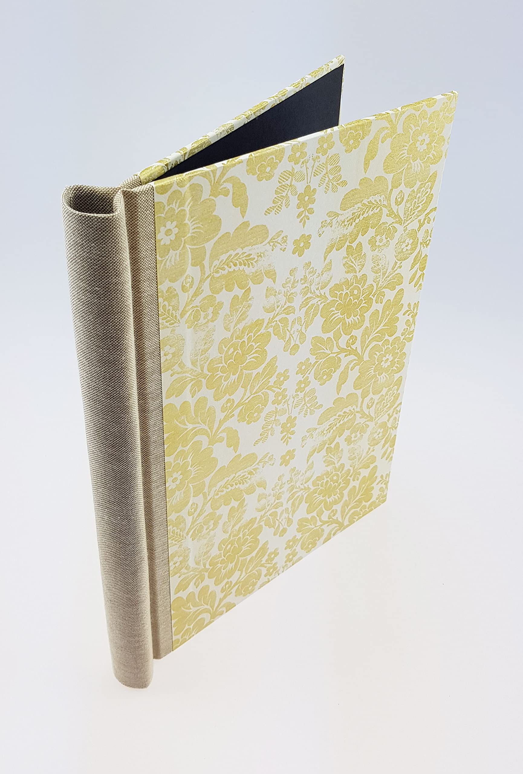 Klemmbinder Luxury Brokat Naturleinen, A4, Gold- und floralem Motiv, 22.5 x 30.8 cm, 3mm starke Buchbinderpappe, italienisches Dekorpapier, Naturleinenrücken