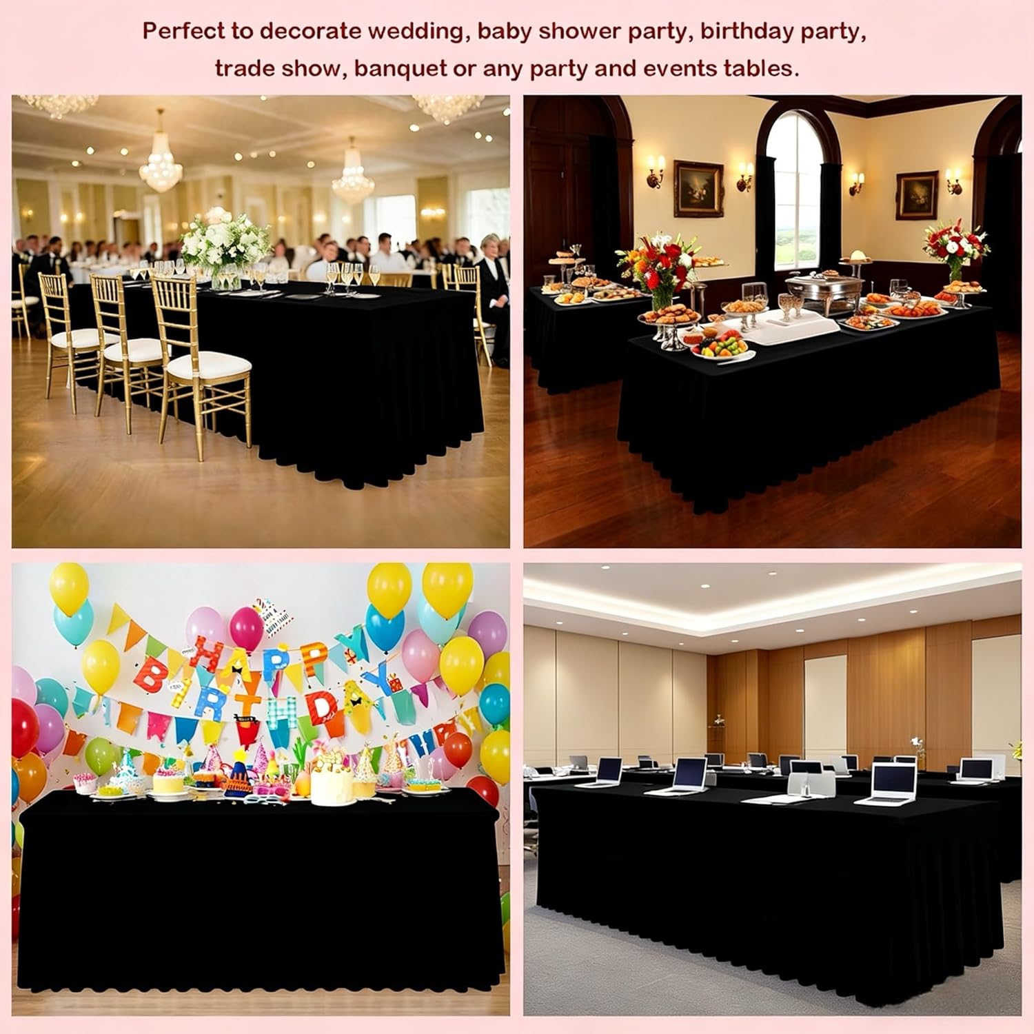 3 Pack Black Spandex Table Cloths for 6 Foot Rectangle Tables, Wrinkle Free Fitted Table Covers 6 Ft Stretch Polyester Tablecloths with Skirt for Party Banquet Wedding Birthday Christmas - Image 7