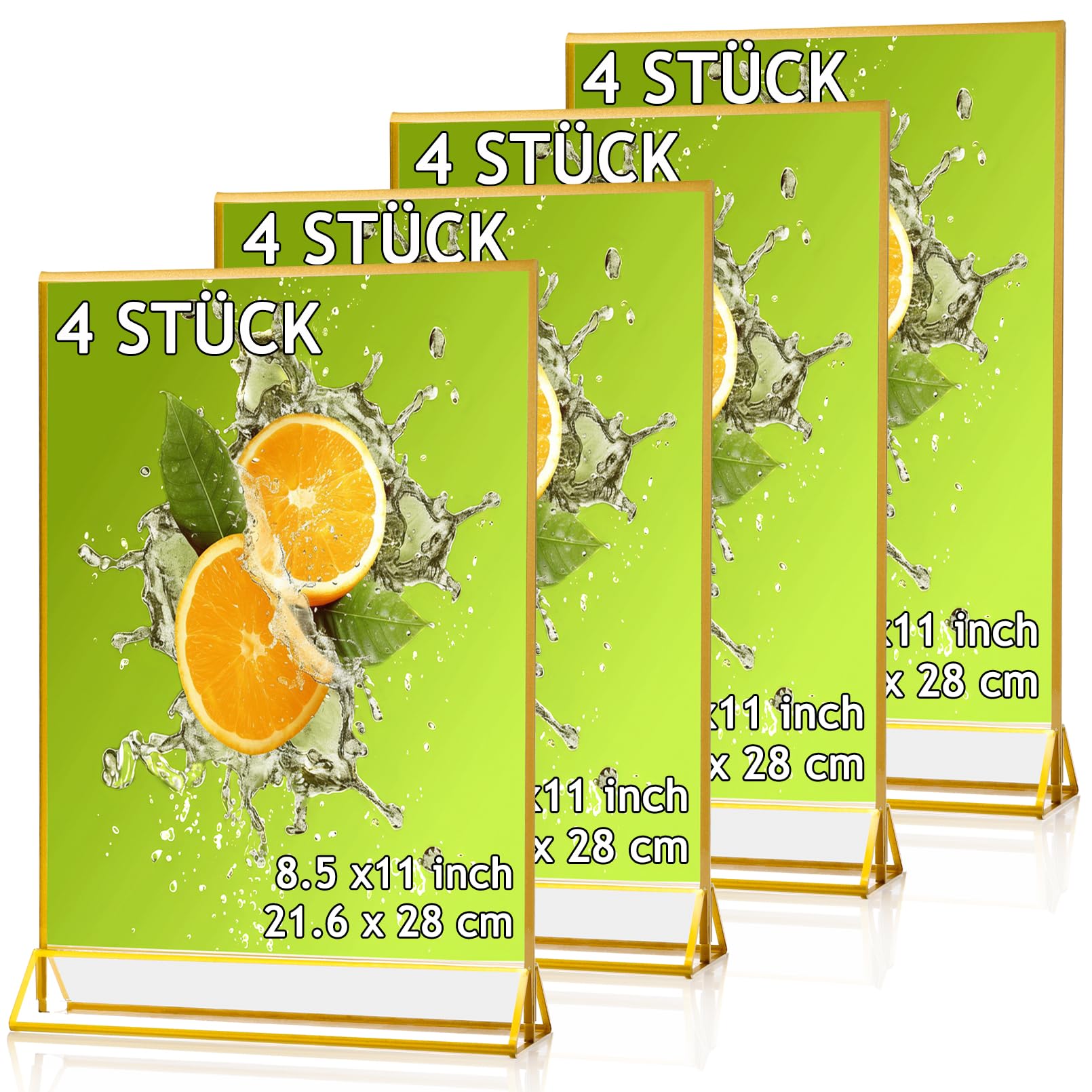 4 Stück Acryl Schilderhalter mit Goldrand,A4 Bilderrahmen mit Goldenen Rändern und Vertikalem Ständer,Tischaufsteller A4,Doppelseitige Bilderrahmen Gold für Hochzeitsti Schnummern,Restaurant