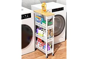 4-Tier Rolling Storage Cart with Wood Top - Space-Saving Narrow Laundry Room Utility Cart