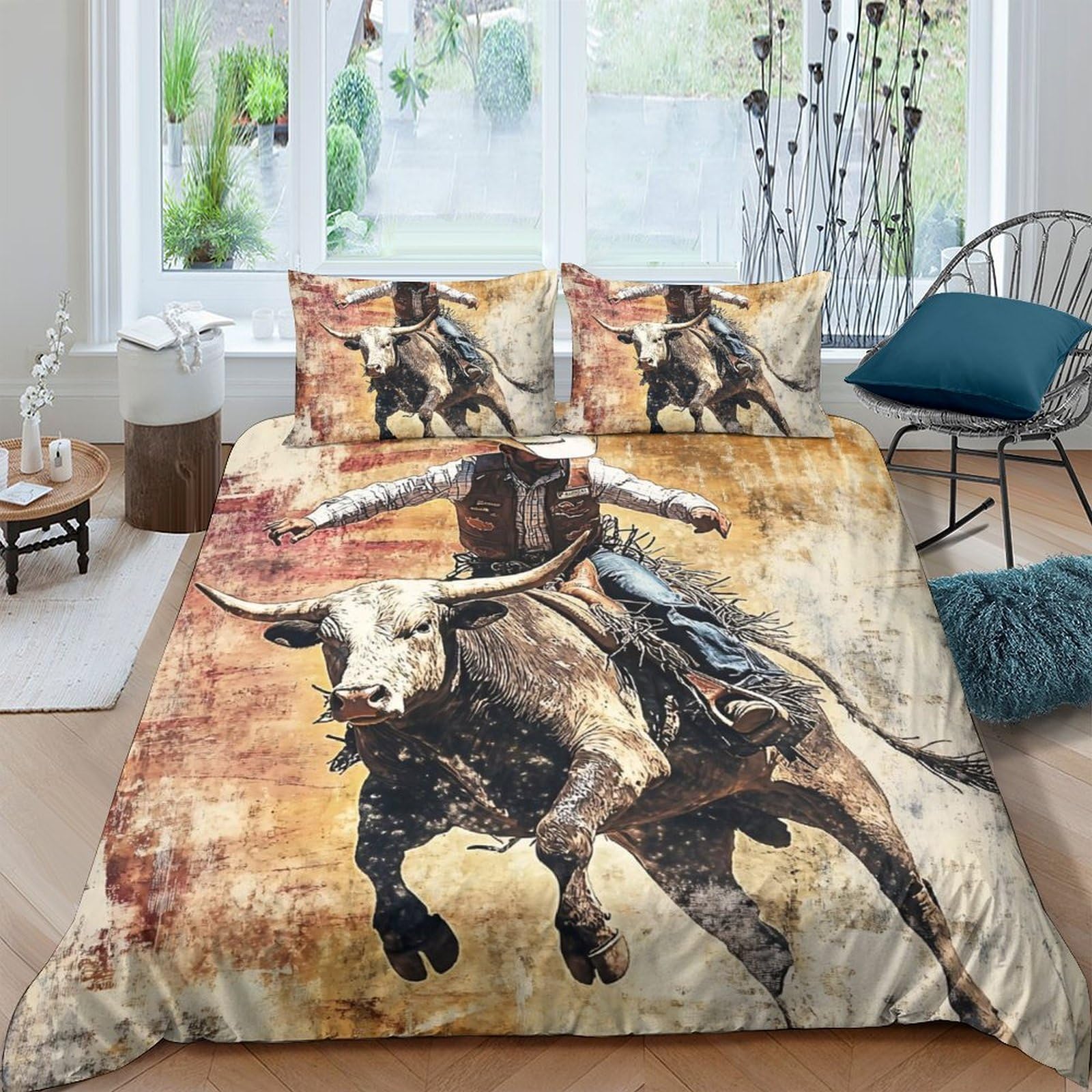 Ctjqhvkz Style-4 3D Printed Cowboy Rodeo Fitted Sheet Microfiber Soft Breathable Wild Bull Mattress Cover For Bedroom Dorm Decor Single（135X200cm）
