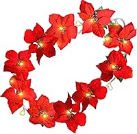 Vista 1 de Guirnalda iluminada de flor de pascua, 10 flores de Pascua rojas, luces LED, 60 pulgadas de largo, decoraciones navideñas iluminadas, guirnaldas