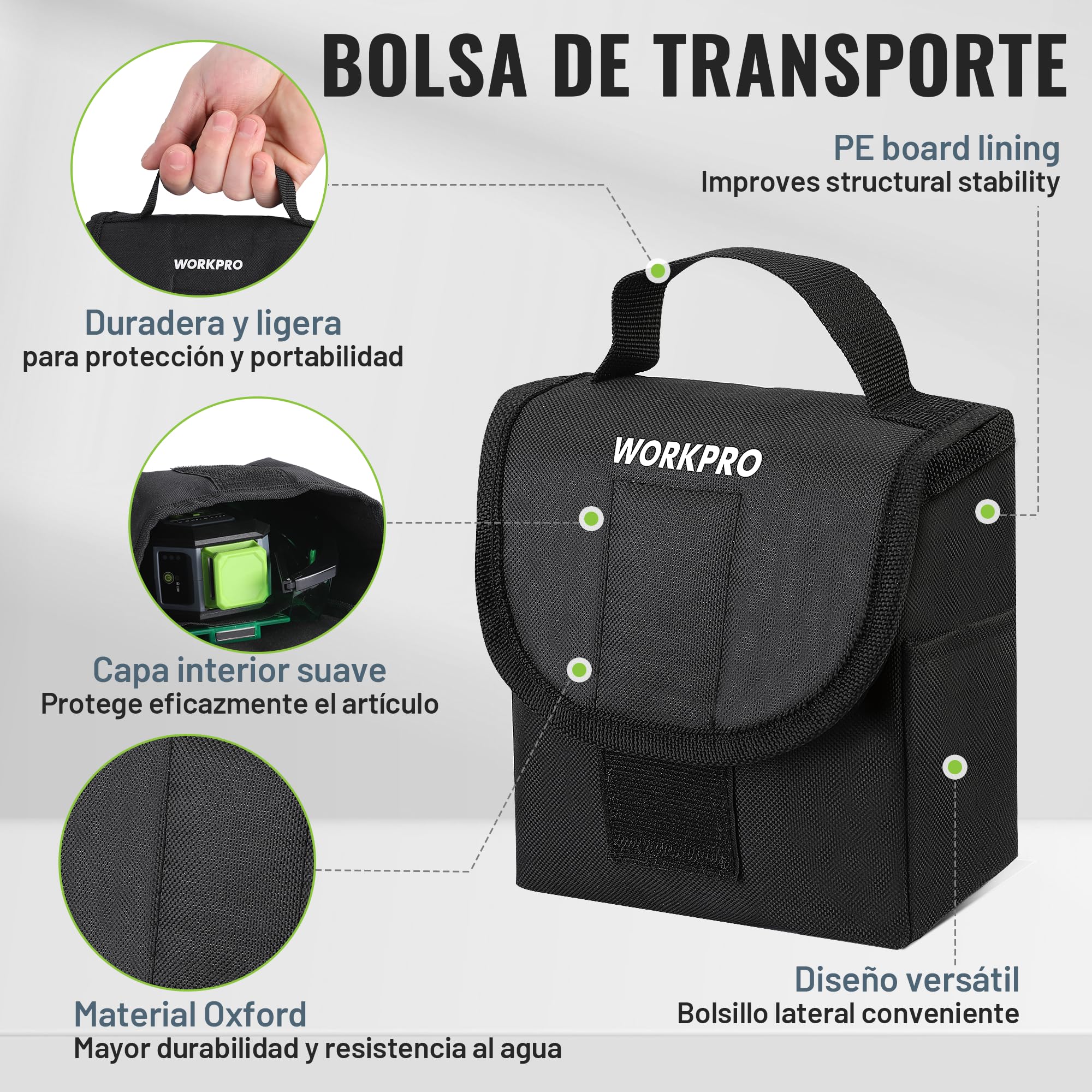 WORKPRO Nivel Láser 360° con Trípode, 30m, Láser Verde | Línea Horizontal, Vertical y Cruzada con 3 Modos, Soporte Magnético, Trípode Ajustable y Bolsa de Transporte