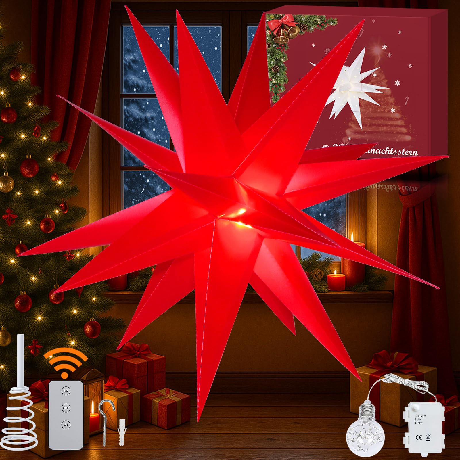 Estrella moravia 3D de 23 pulgadas, lámpara LED 3D para árbol de Navidad con función de temporizador, estrella iluminada de Moravia utilizada para decorar árboles de Navidad, balcones,