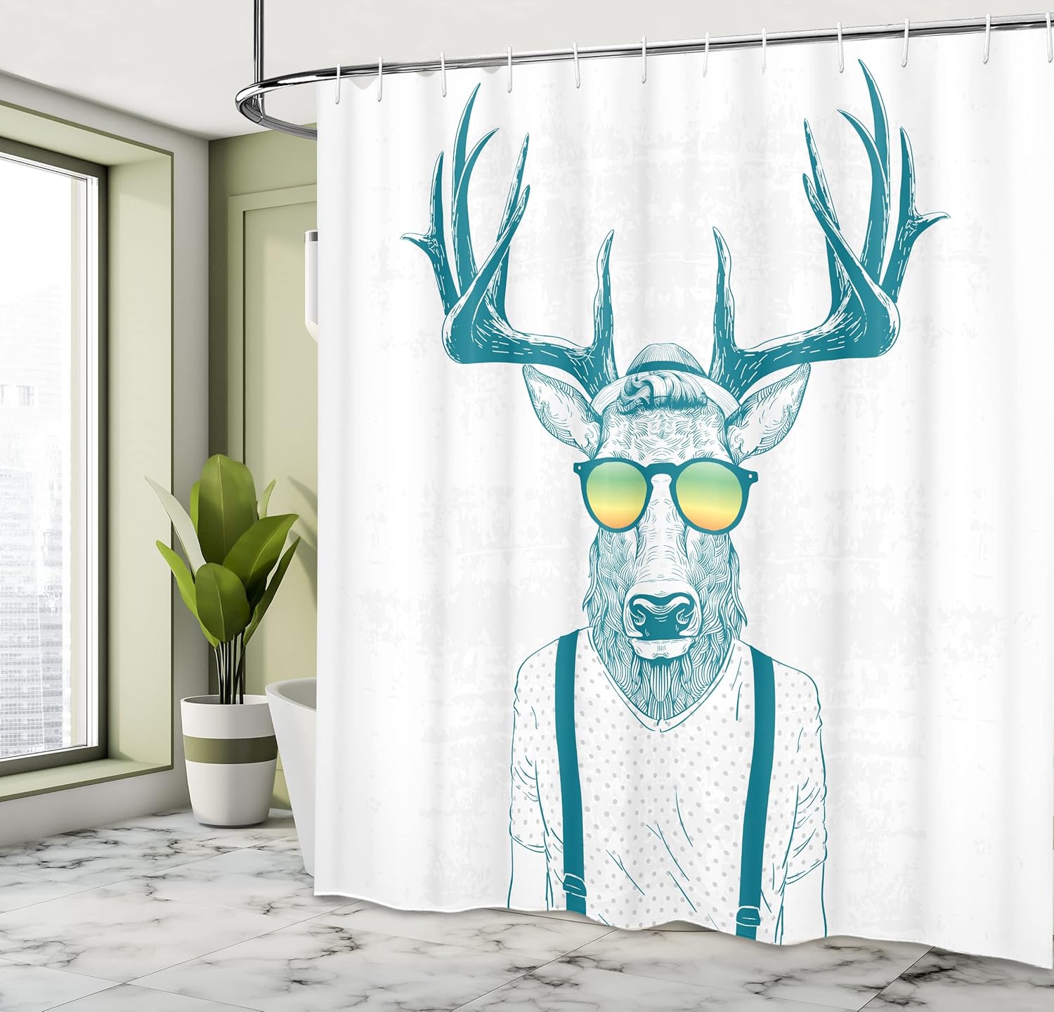 Ambesonne Antlers Shower Curtain with Hooks, Illustration of Deer Dressed Cool Hipster Fashion Creative Animal, Polyester Cloth Decorative Set for Bathroom Home & Dorm, 69" W x 70" L, Turquoise White