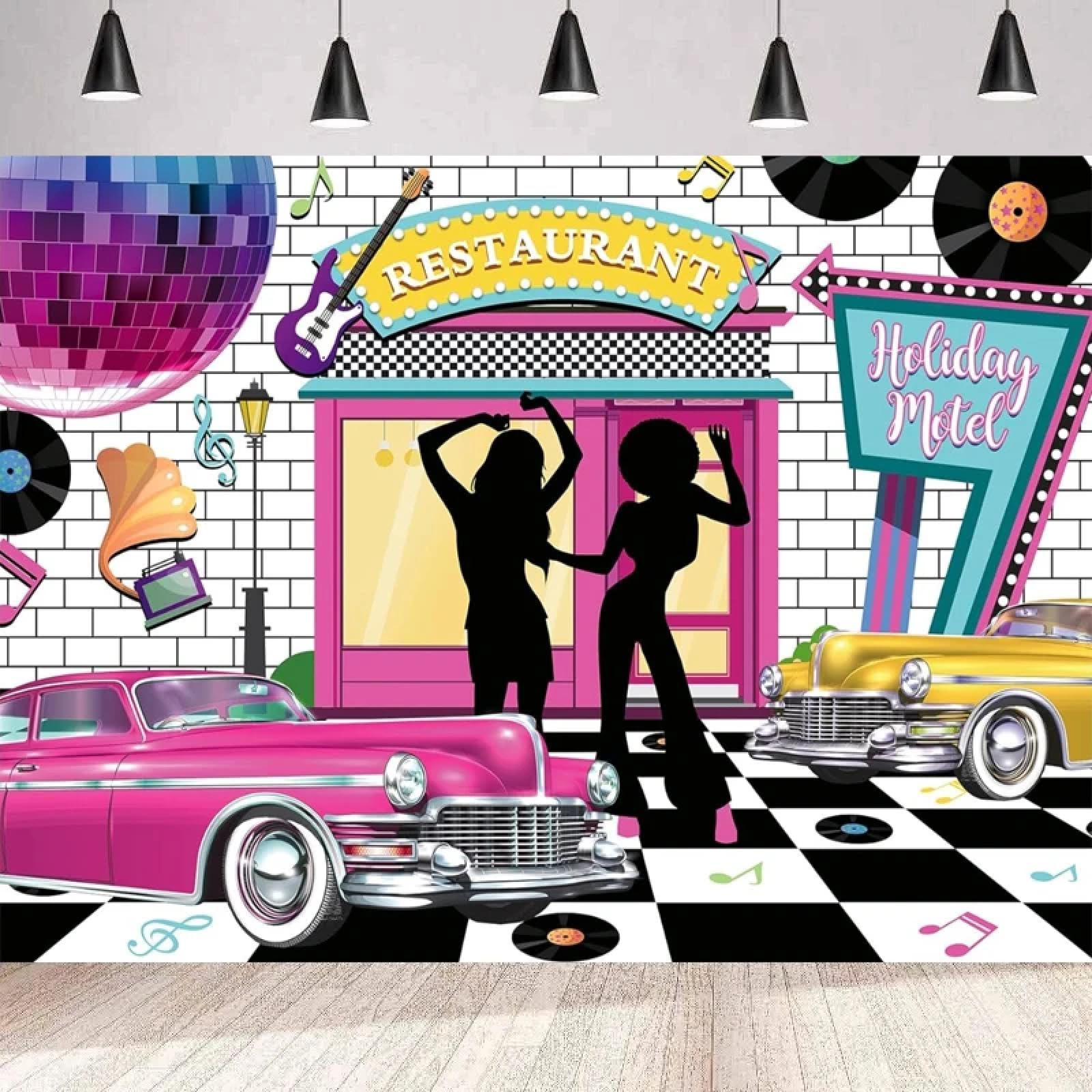 Impreza Disco z lat 50. Fotografia Tło Retro Soda Sklep Vinage Rock and Roll Muzyka Samochód Gitara Klasyczny Plaid Banner