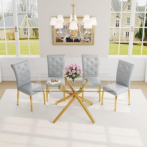 Miniatura 10 de Juego de mesa de comedor moderno de 63 pulgadas para 6 personas, juego de 6 mesas de comedor de cristal con patas de metal plateado, mesa de cocina