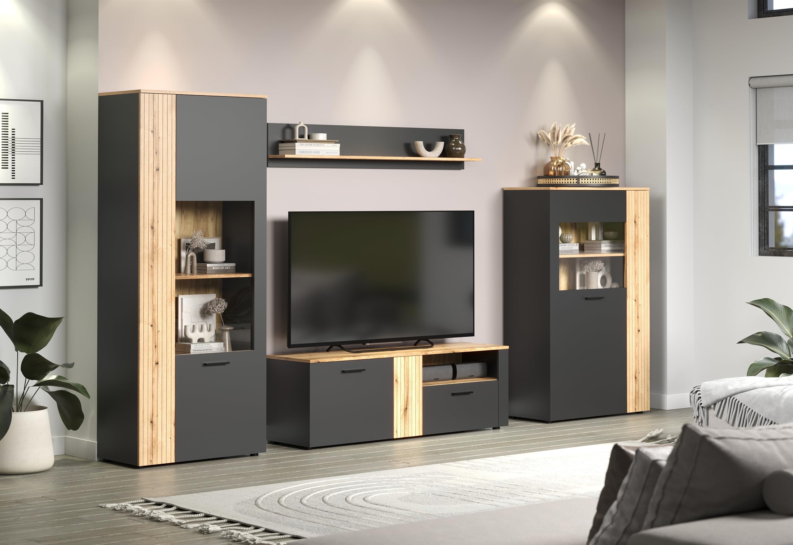 trendteam smart living - Esteban - Vitrine - Anthrazit/Eiche - Standvitrine in Rillenoptik - (BxHxT) 80 x 195 x 42 cm - eleganter Wohnzimmerschrank mit 6 Fächern