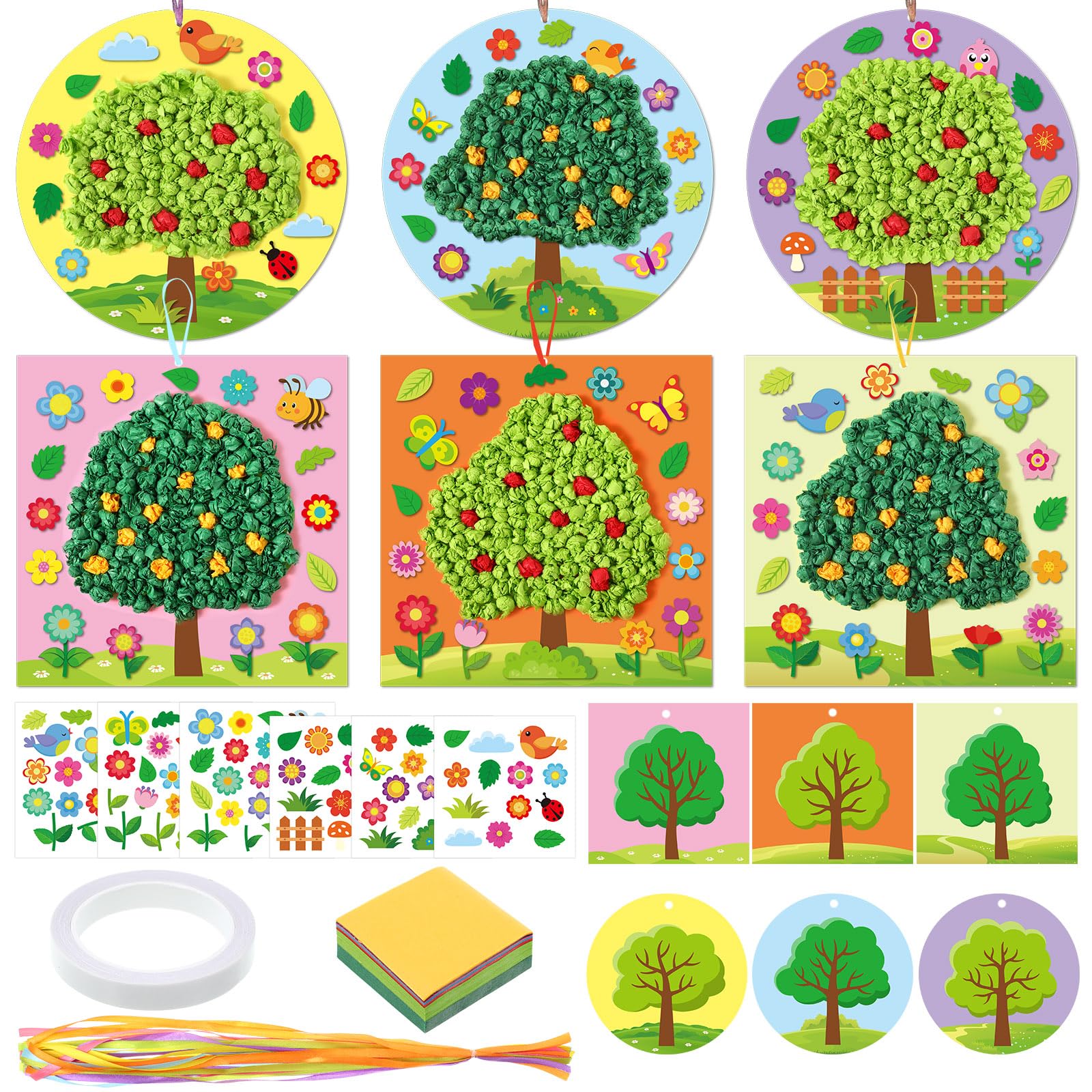 Funrous 24 Packs Spring Tree DIY Craft Kits Springtime Tissue Pom Pom Paper Craft Bulk Make Your Art Crafts Hanging Ornament Crinkle Tissue Leaf Classroom Decor for Spring Party Home Activity Gifts