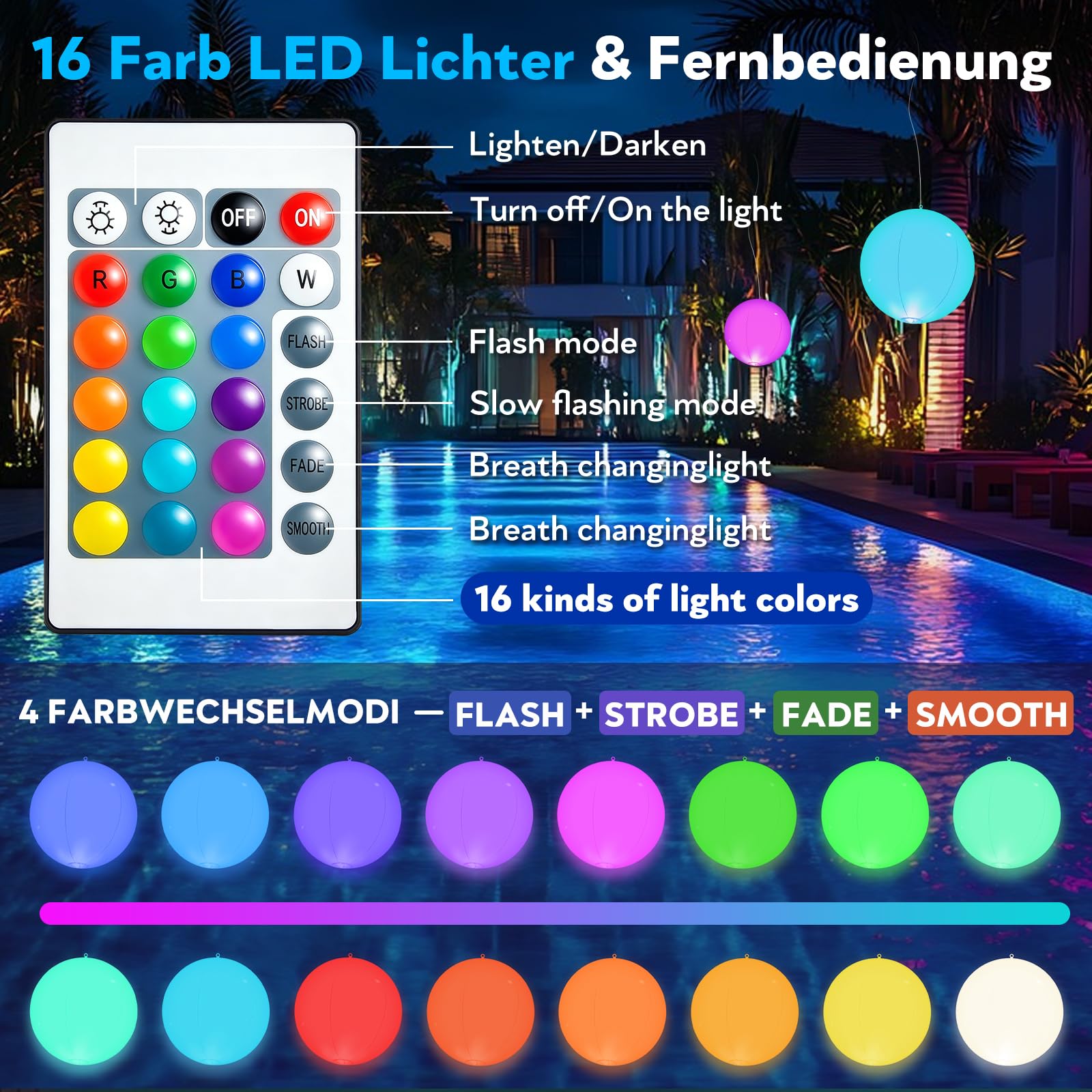 Poolbeleuchtung 4 Stück, Aufblasbare Teichbeleuchtung 40cm mit Fernbedienung, 16 RGB Farbwechsel LED Schwimmende Poolbeleuchtung, IP67 Wasserdicht Pool Lichter für Garten Pool Teich Party Deko