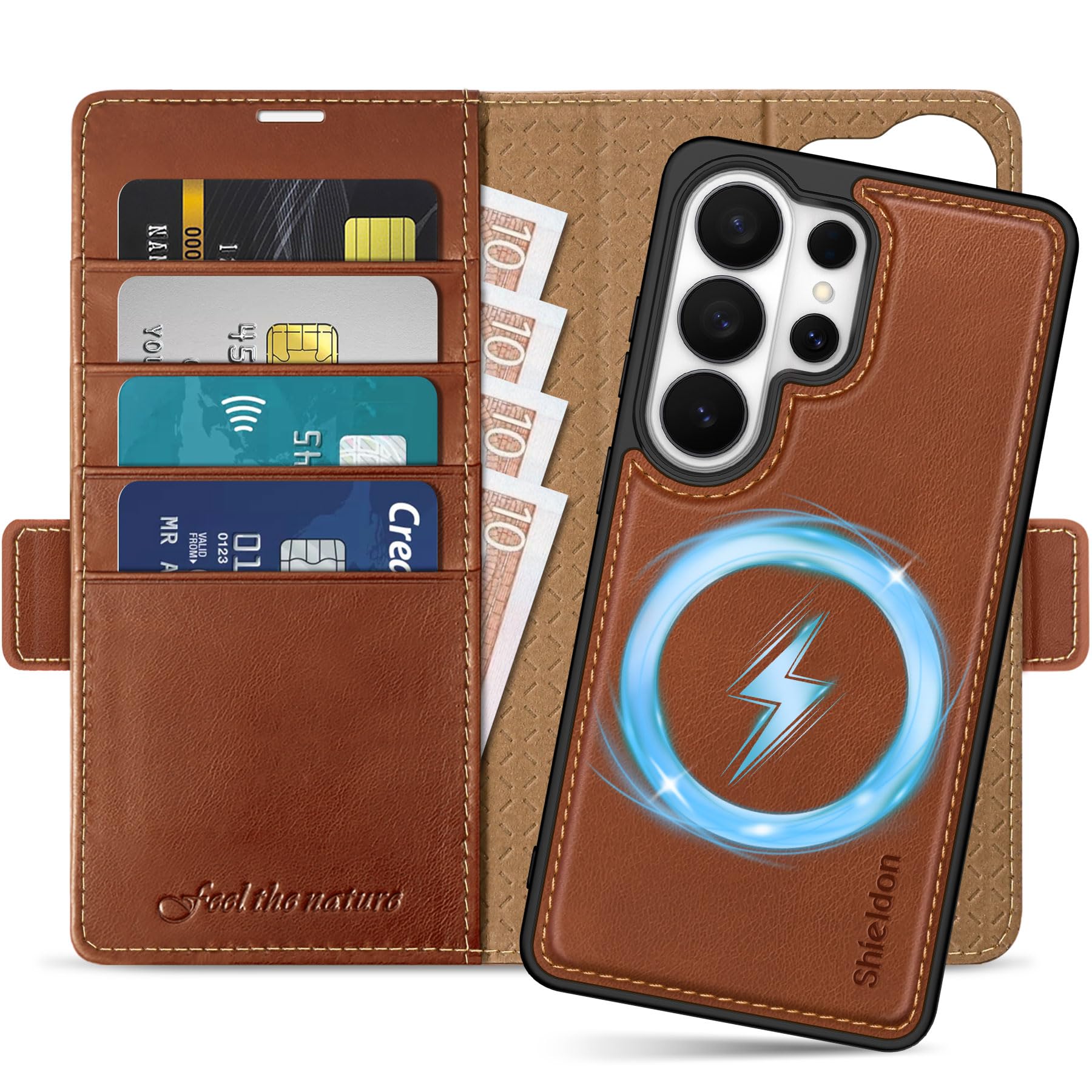 SHIELDON Genuine Leather Detachable Wallet Case for Galaxy S26 Ultra 6.9-inch 2026, Magnetic Wireless Charging, RFID Blocking, Card Holder, Kickstand, Shockproof, Removable Flip Cover - Retro Brown