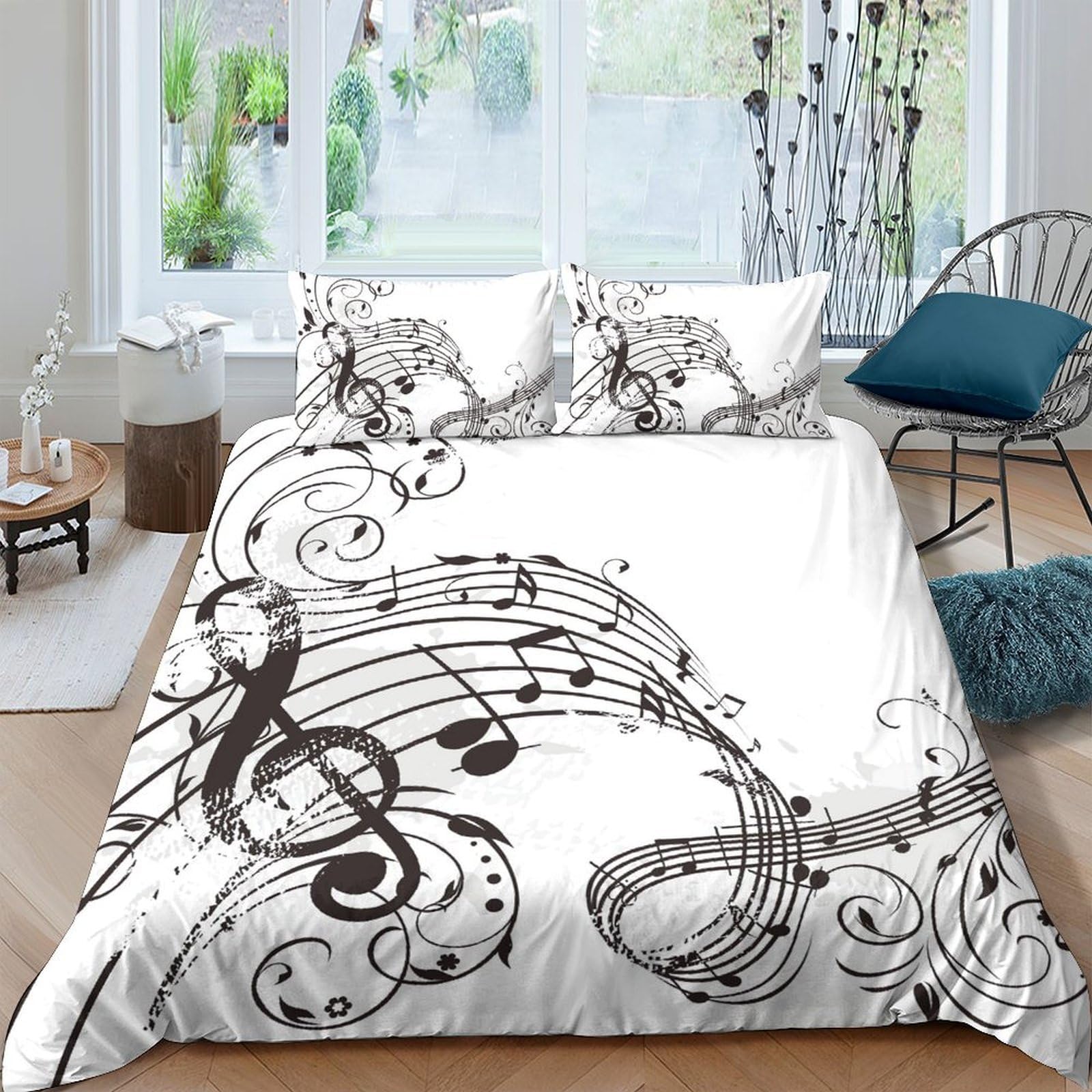 Ctjqhvkz Style-7 3D Printed Music Notes Fitted Sheet Microfiber Breathable Anti-Slip Black White Melody Bed Cover For Bedroom Decor Single（135X200cm）