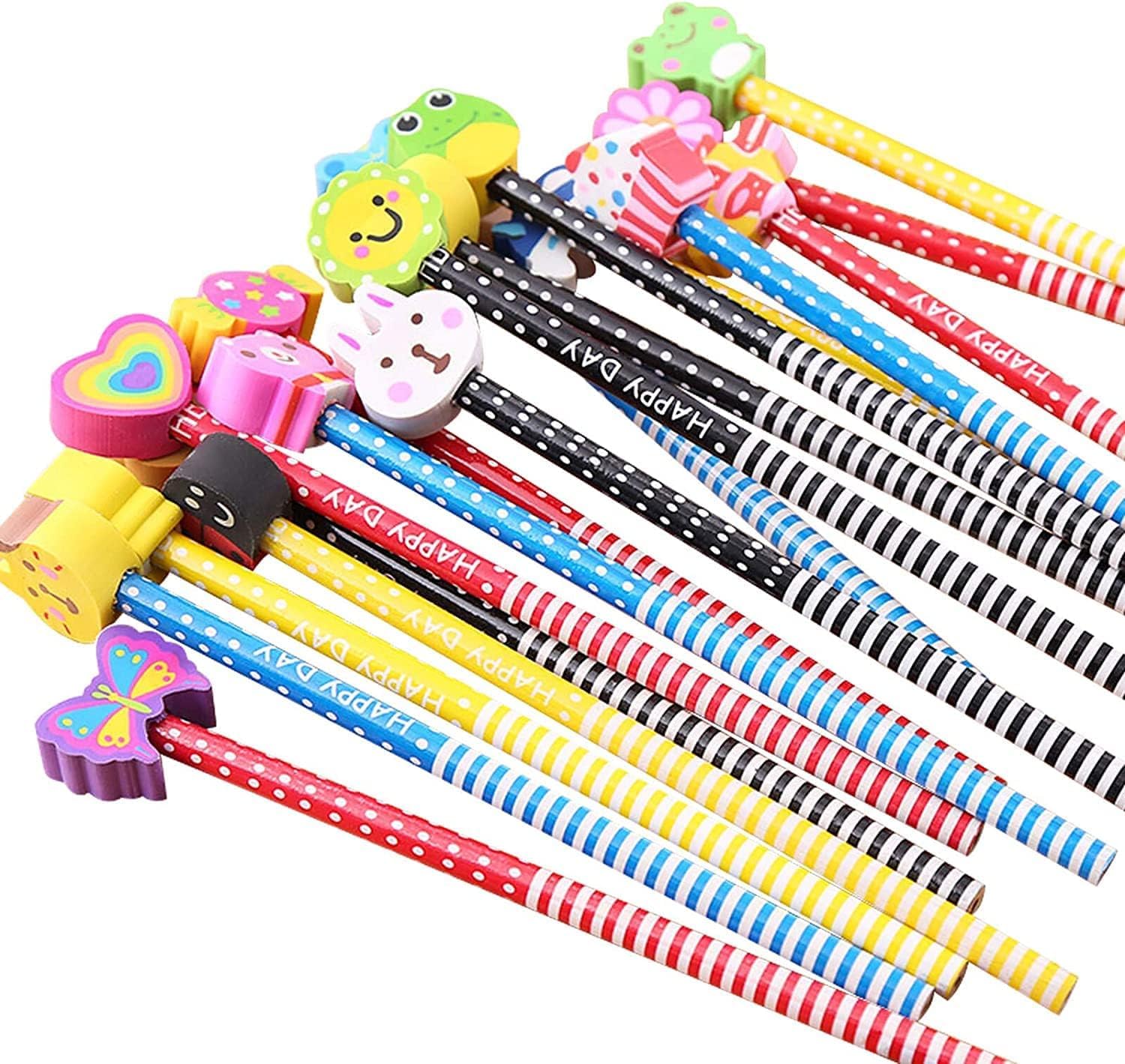12 Pack Cute Pencils, Kids Wooden Pencils, Fun Pencil with Erasers Toppers, Eraser Not Easy to Fall Off, for School Supplies and Children Prize Gifts, Eraser Pattern Random