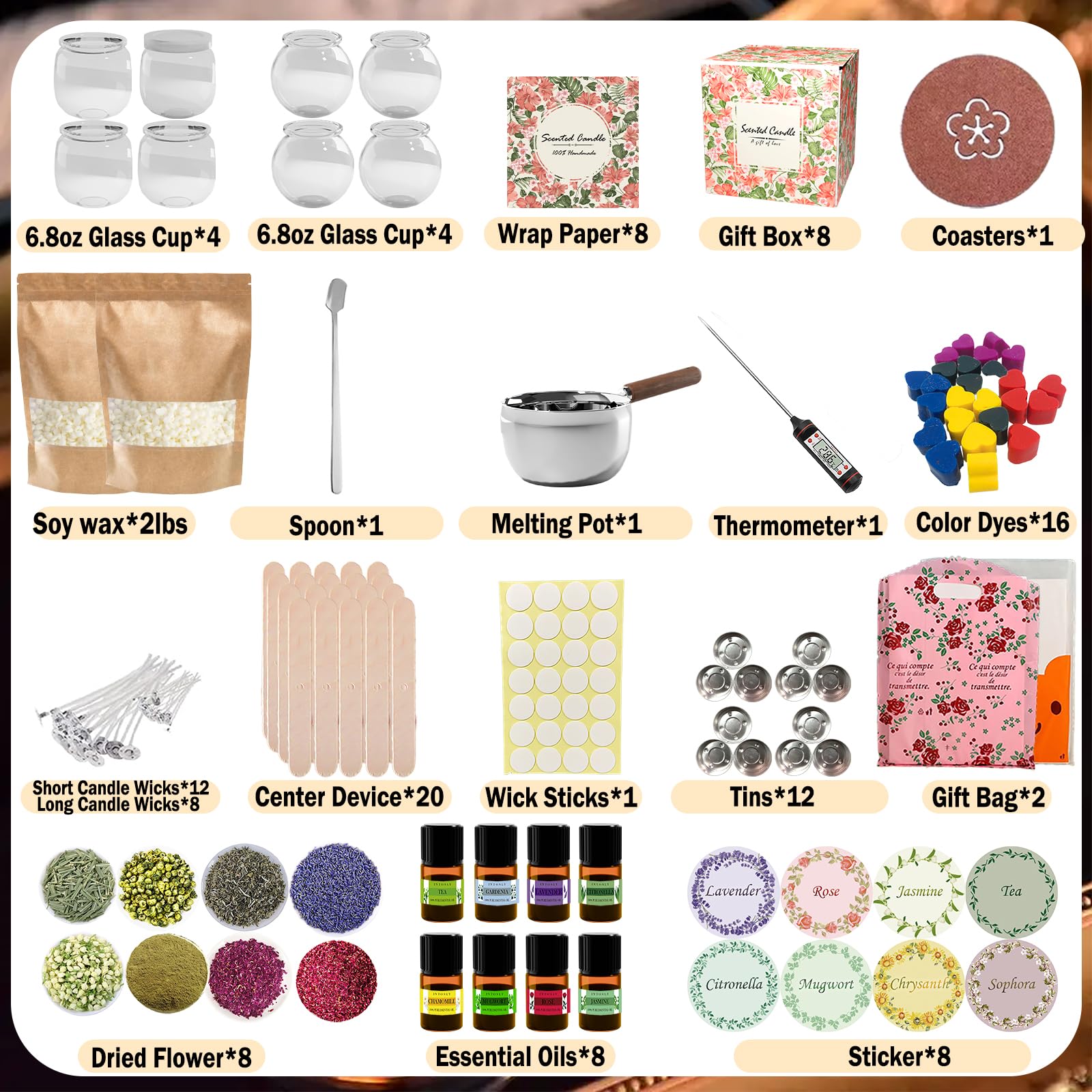 iloresin Candle Making Supplies Kit, Crafts for Adults, 100% Natural Essentual Oil Extracted from Plant, 100% Pure SoyWax, 6.8oz Big Cute Glass Jar, 8 Natural Herbs, Hobbies for Women