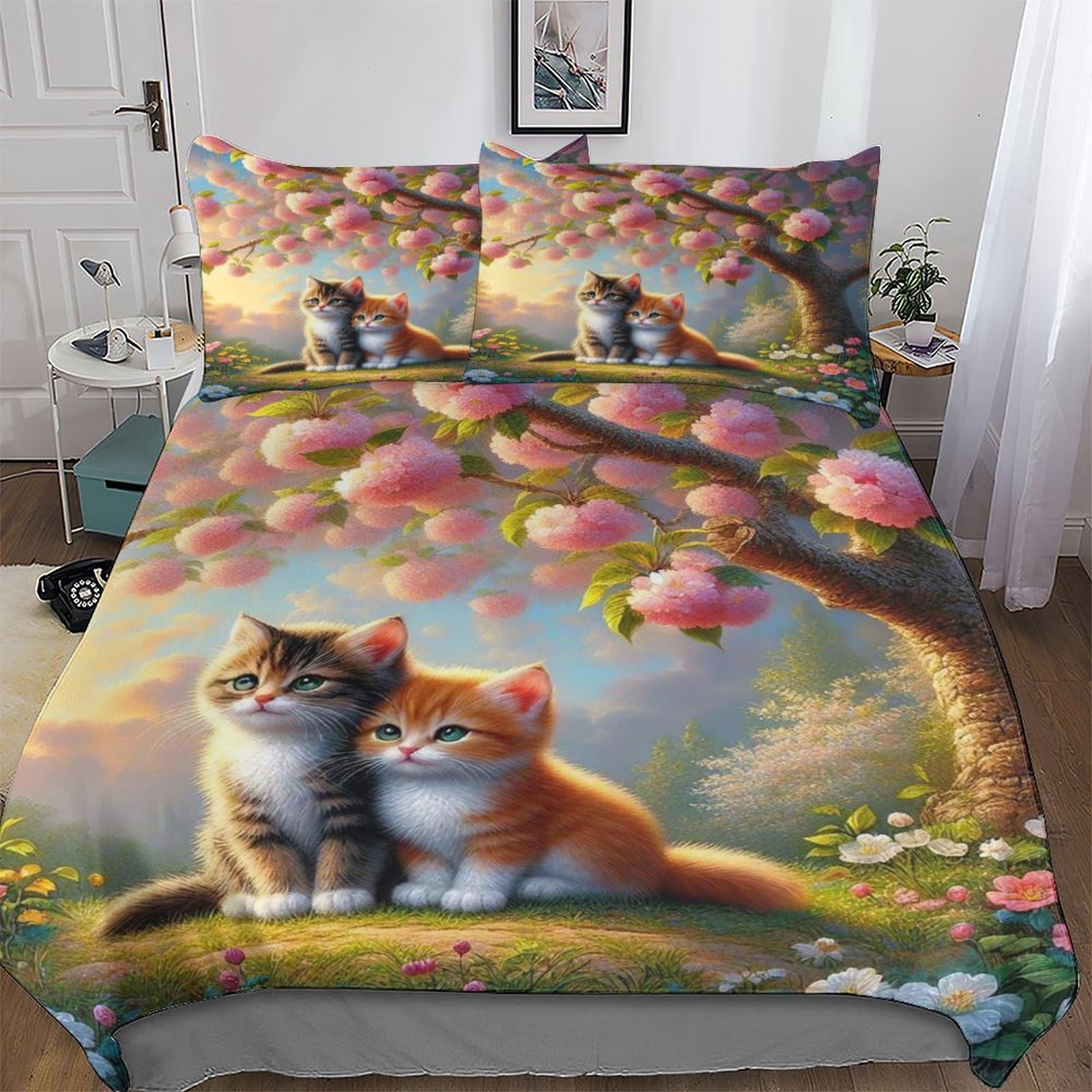LLXXHH Cat Bedding Set Duvet Cover with Pillowcase Soft Microfiber Comforter Cover 3pcs For Boys, Girls And Teenagers Single(135x200cm)