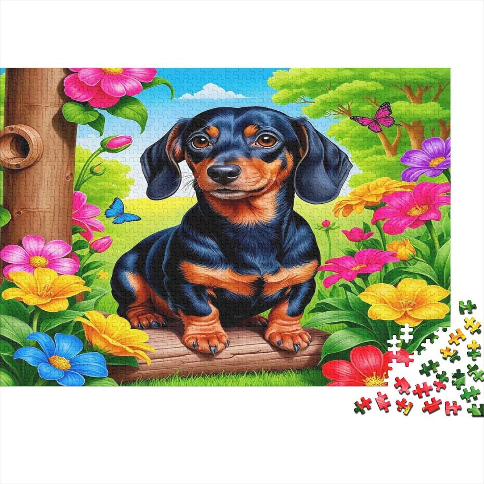 Dachshund Garden Adult Jigsaws Flower Puppy Jigsaw 1000Pc Recycled Paper Adults Educational Family Game Fun Present Birthday Gift for Men Women 70x50cm/1000pcs