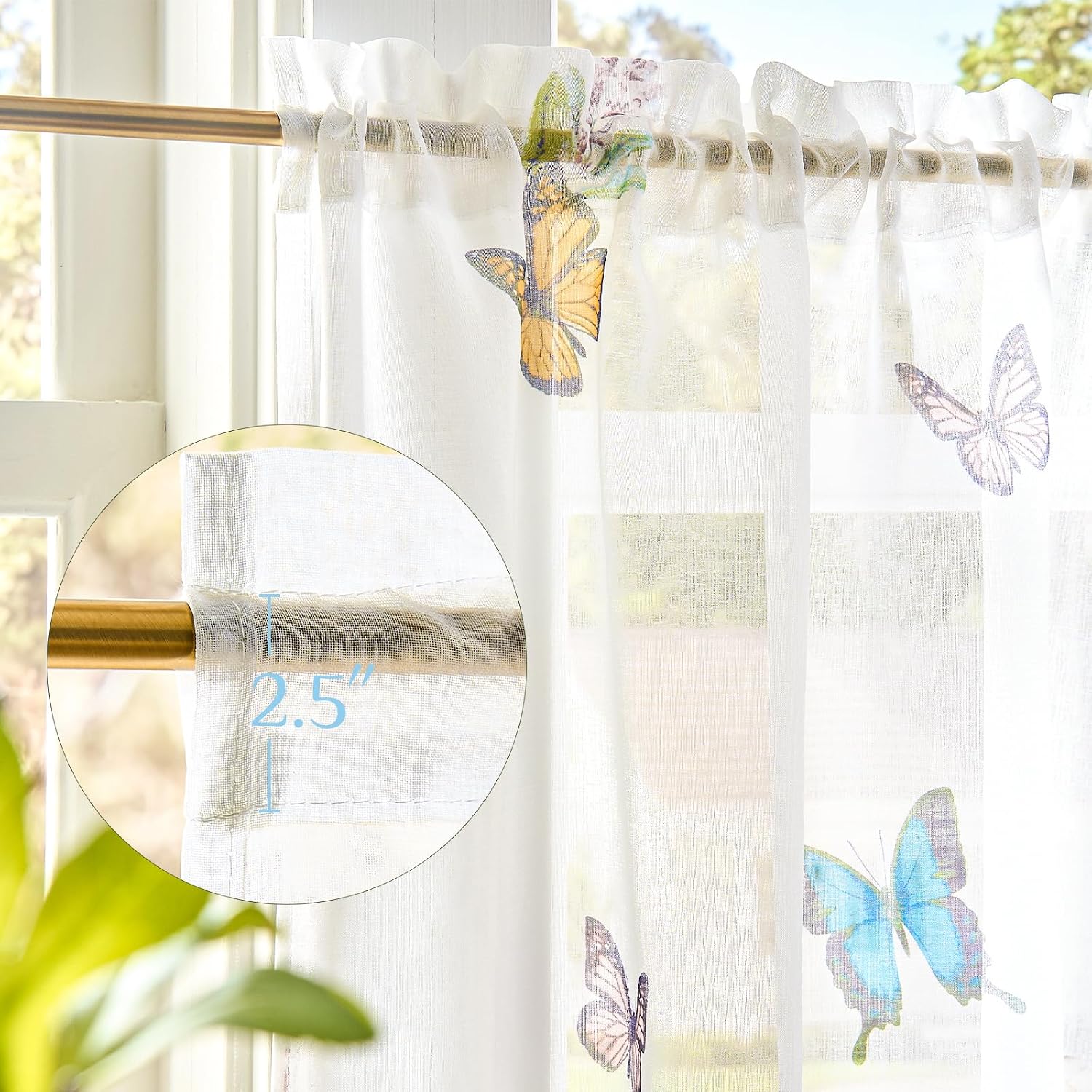 Lazzzy Butterfly Pattern Sheer Kitchen Curtains 36 Inch Length, Cottage Core Cafe Curtains Voile Tiers, Farmhouse Half Window for Bedroom Laundry Living Room Bathroom, Rod Pocket 2 Panels White