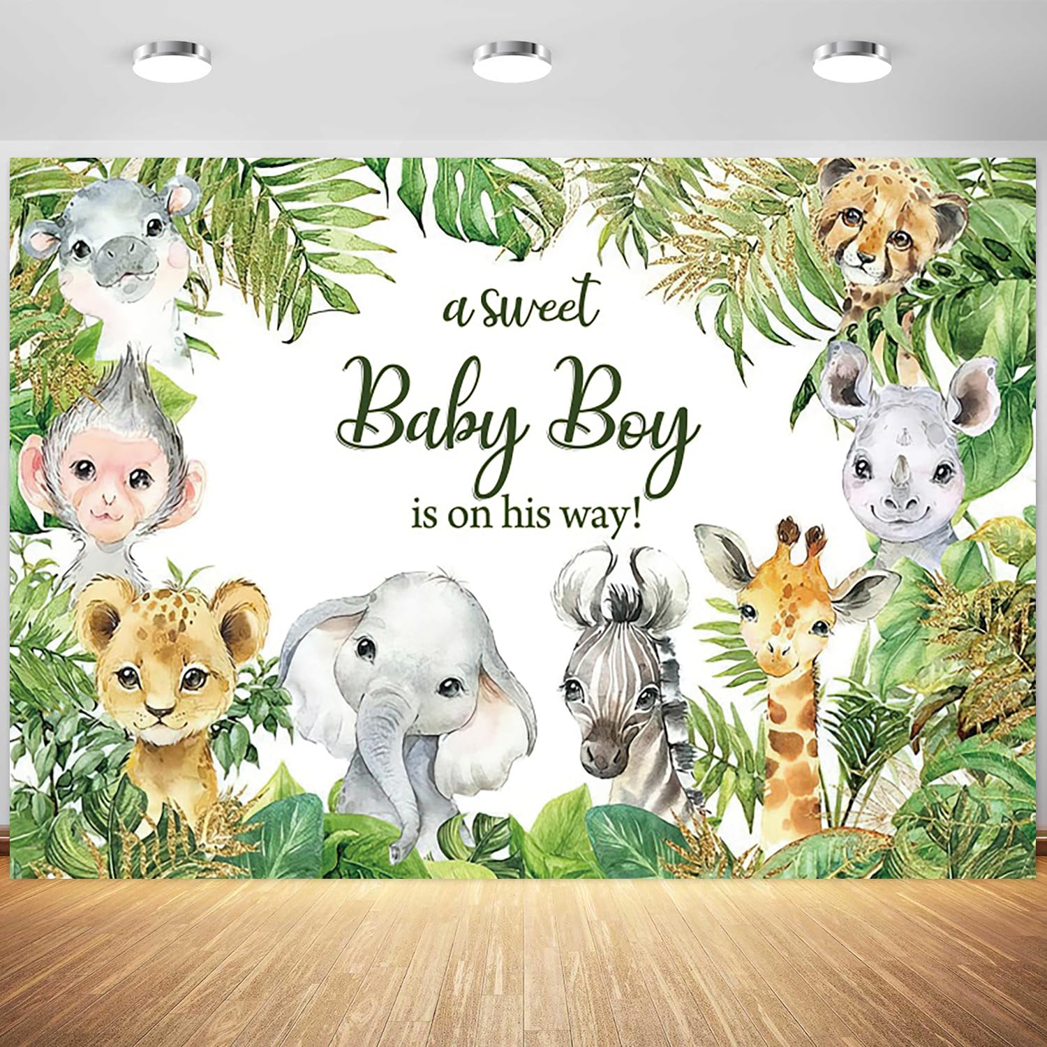 7x5ft Safari Baby Shower Backdrop A Sweet Baby Boy is on His Way Photography Background Jungle Animals Theme Baby Boy Shower Party Banner Decorations Supplies Photo Booth Props