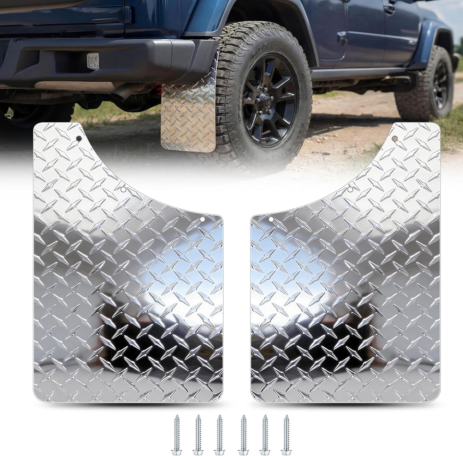 2 Pack Universal Truck Mud Flaps 11 x 19 Inch Aluminum Diamond Plate Splash Guards, Heavy Duty Rear Wheel Protection for Pickup Trucks Trailers Off Road Vehicles, Mounting Hardware