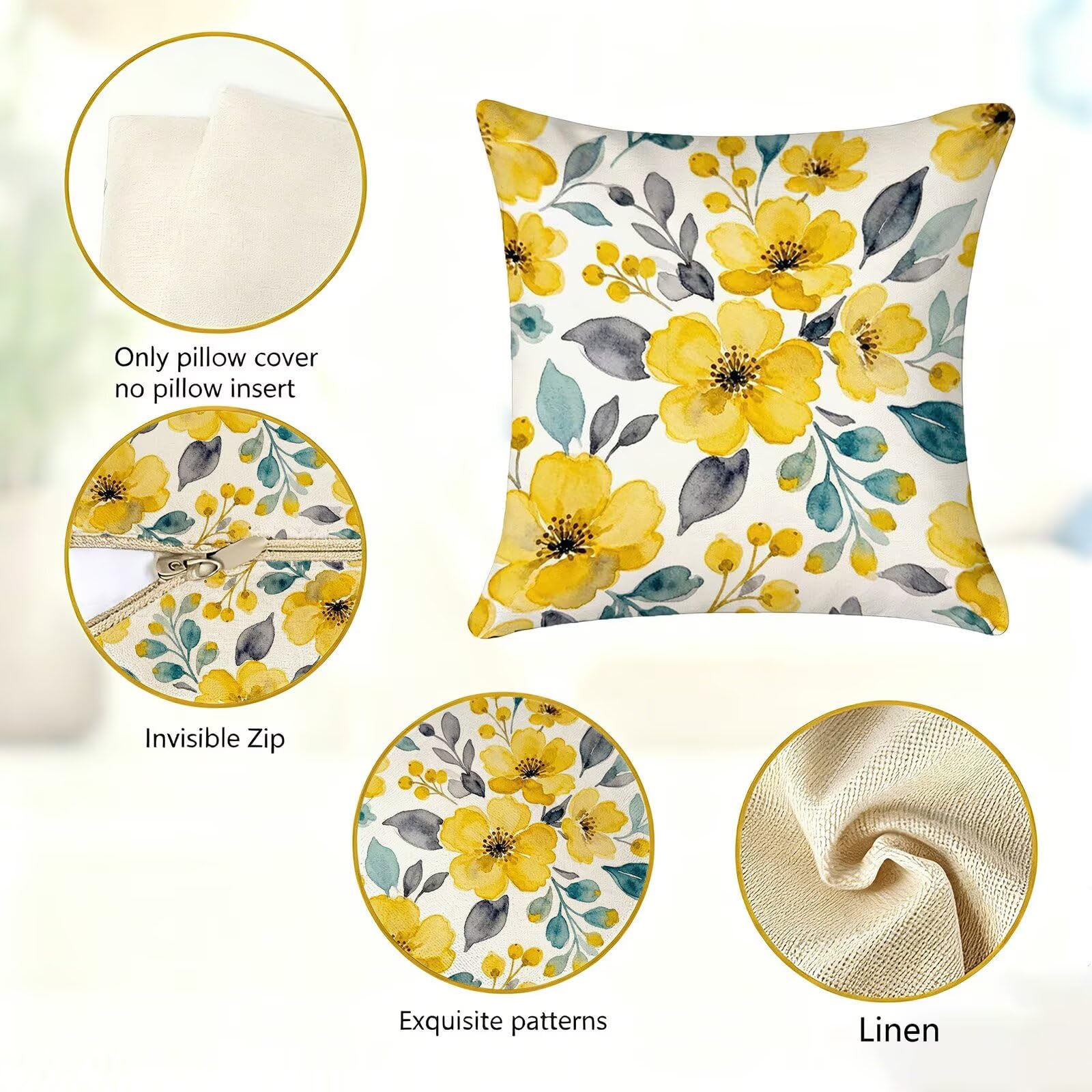 Giallo Federe Cuscini Divano 50x50cm, Cuscini da Esterno Set de 4, Cod-168 | Lin Copricuscini Decorativi Letto Arredo, per Letto, Soggiorno, Giardino, Esterno, Casa Decorazione Set di 4 Pianta