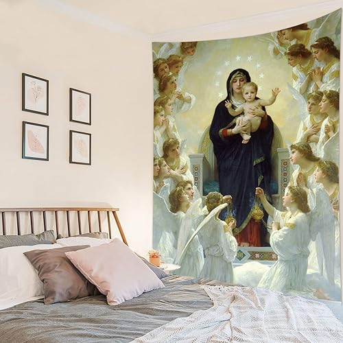 Miniatura 10 de HVEST Tapiz cristiano de la Virgen María y Jesucristo en el Paraíso para colgar en la pared, de Ángeles en el Cielo, para dormitorio, sala de estar