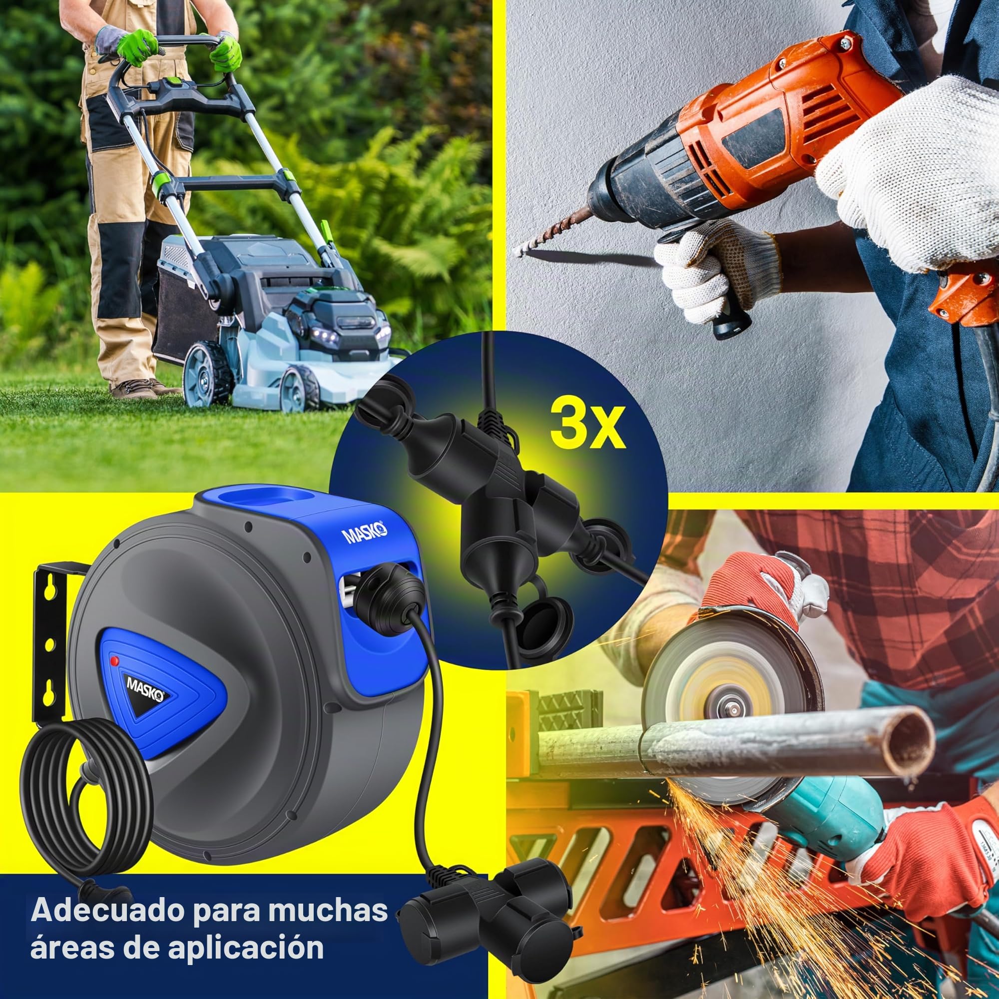 MASKO® Cable alargador automático de 20 m con conexión de 3 vías, giratorio 180°, cable de alimentación de 1,5 m, soporte de pared, enrollador de cables, enrollador de cables, incluye guantes