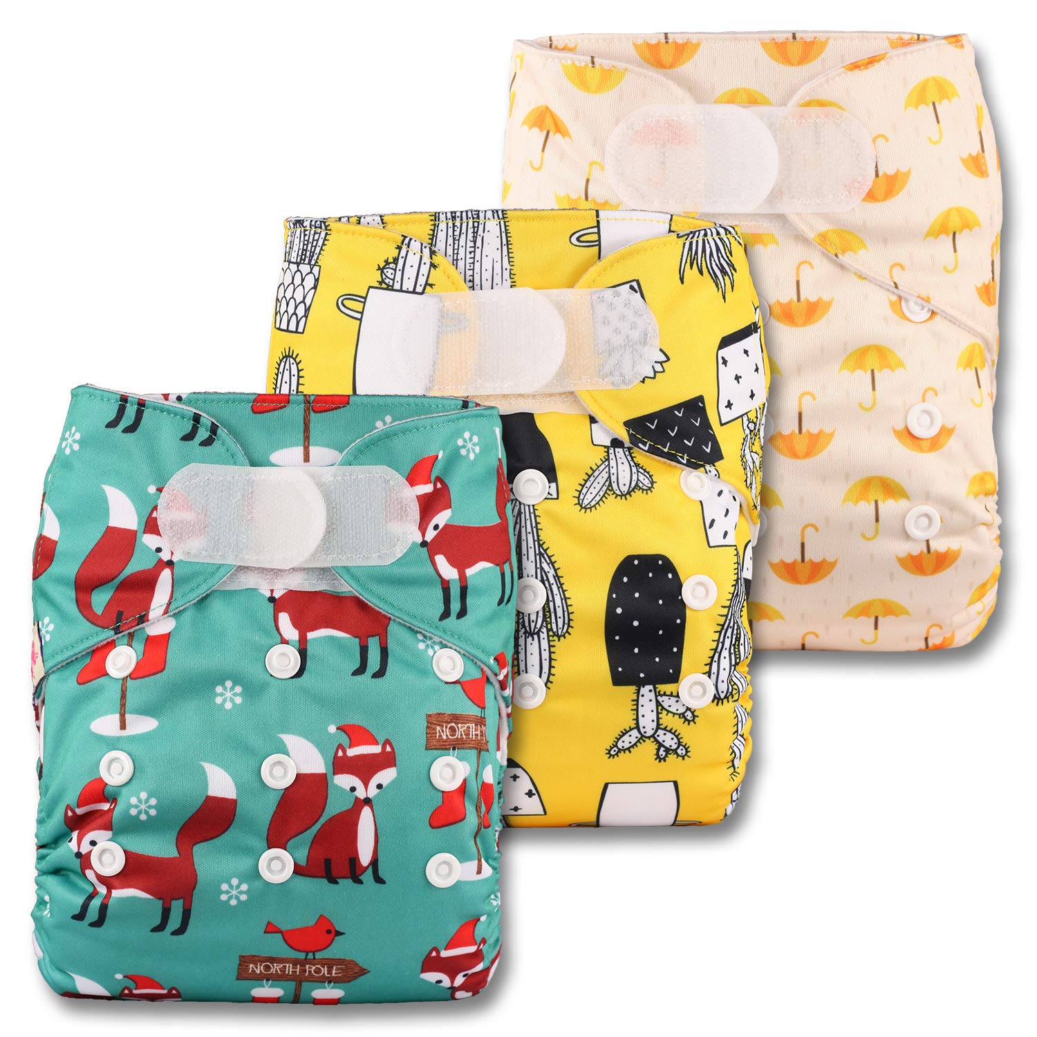 Littles & Bloomz, Reusable Pocket Cloth Nappy, Fastener: Hook-Loop, Set of 3, Patterns 316, with 3 Bamboo Charcoal Inserts
