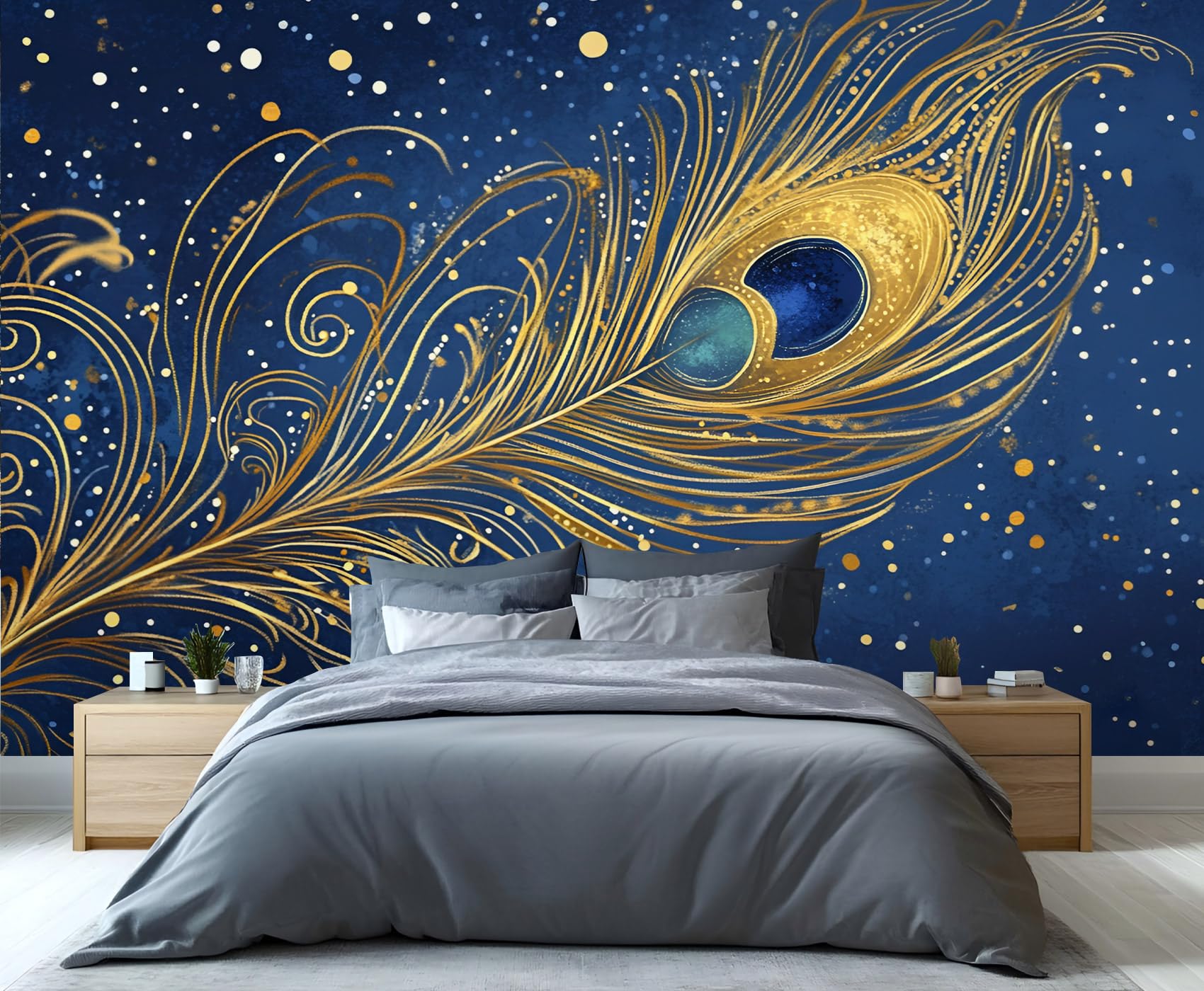 YXQAIED Feathers Wallpaper, Peacock Wallpaper for Living Room, Peacock Blue Bedroom Wall Paper, Not Self-Adhesive 3D Printed Large Murals & Home Decor