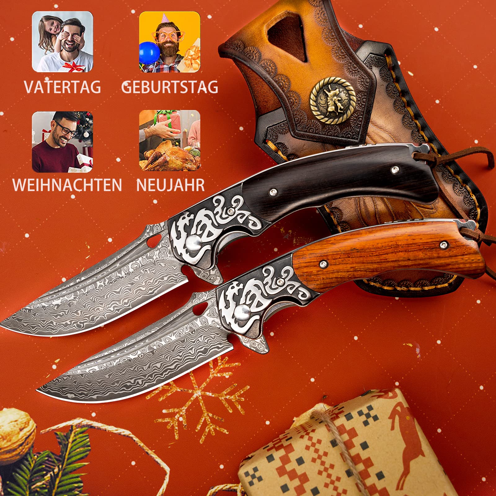 LOTHAR RHAEGAL Damast Klappmesser, Taschenmesser aus 67 Lagen VG10 Damaststahl, Damast Einhandmesser mit Holzgriff, für Sammlung oder Geschenk (Ebenholz)