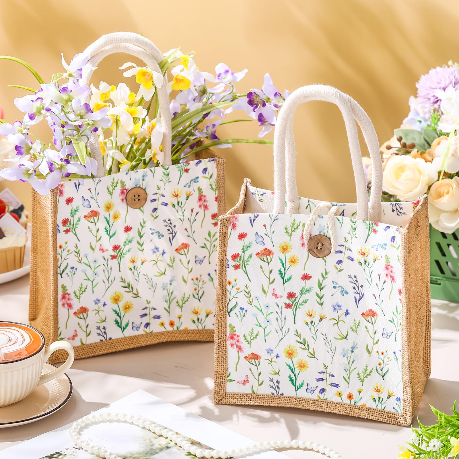 Abbylike Lot de 12 mini sacs cadeaux floraux réutilisables en toile de jute Cielito Lindo avec poignée et bouton pour printemps, mariage, fête prénuptiale, fête (aquarelle)