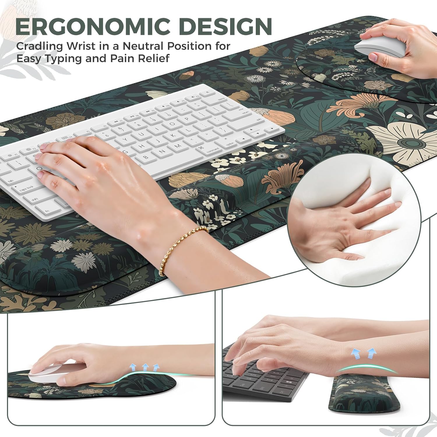 iCasso Desk Cover Mat, 4in1 Floral Large Mouse Pad with Wrist Rest, Desk Matt for Desktop, Anti-Slip XXL Big Computer Ergonomic Mousepad with Wrist Support for Keyboard and Mouse (Weeds) - Image 3