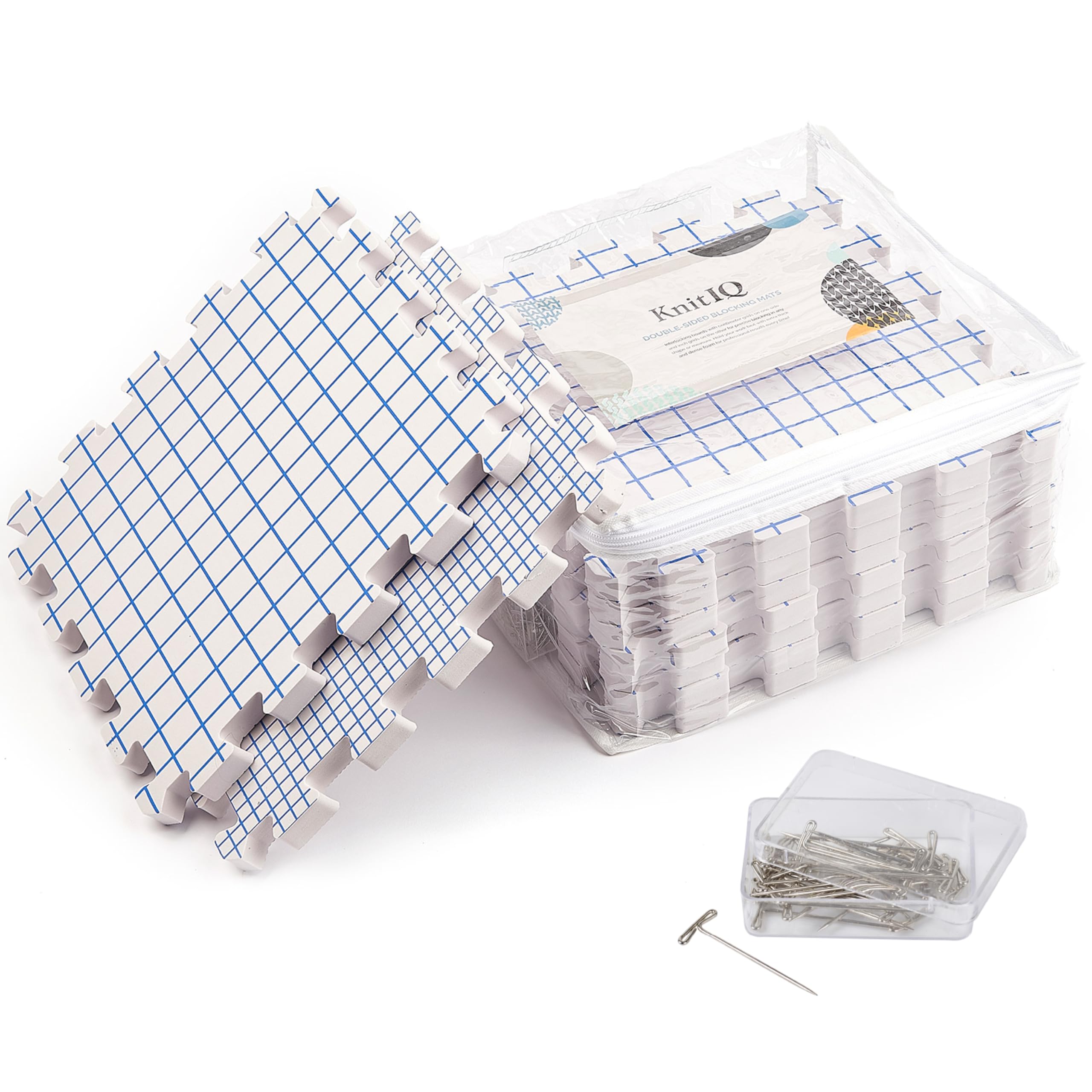 KnitIQ Double-Sided Blocking Mats for Knitting – Crochet Blocking Board and Pins with Grids in INCH &amp; CM, 100 T-pins and Storage Bag for Needlework or Crochet - Blocking Board for Crochet - Pack of 9
